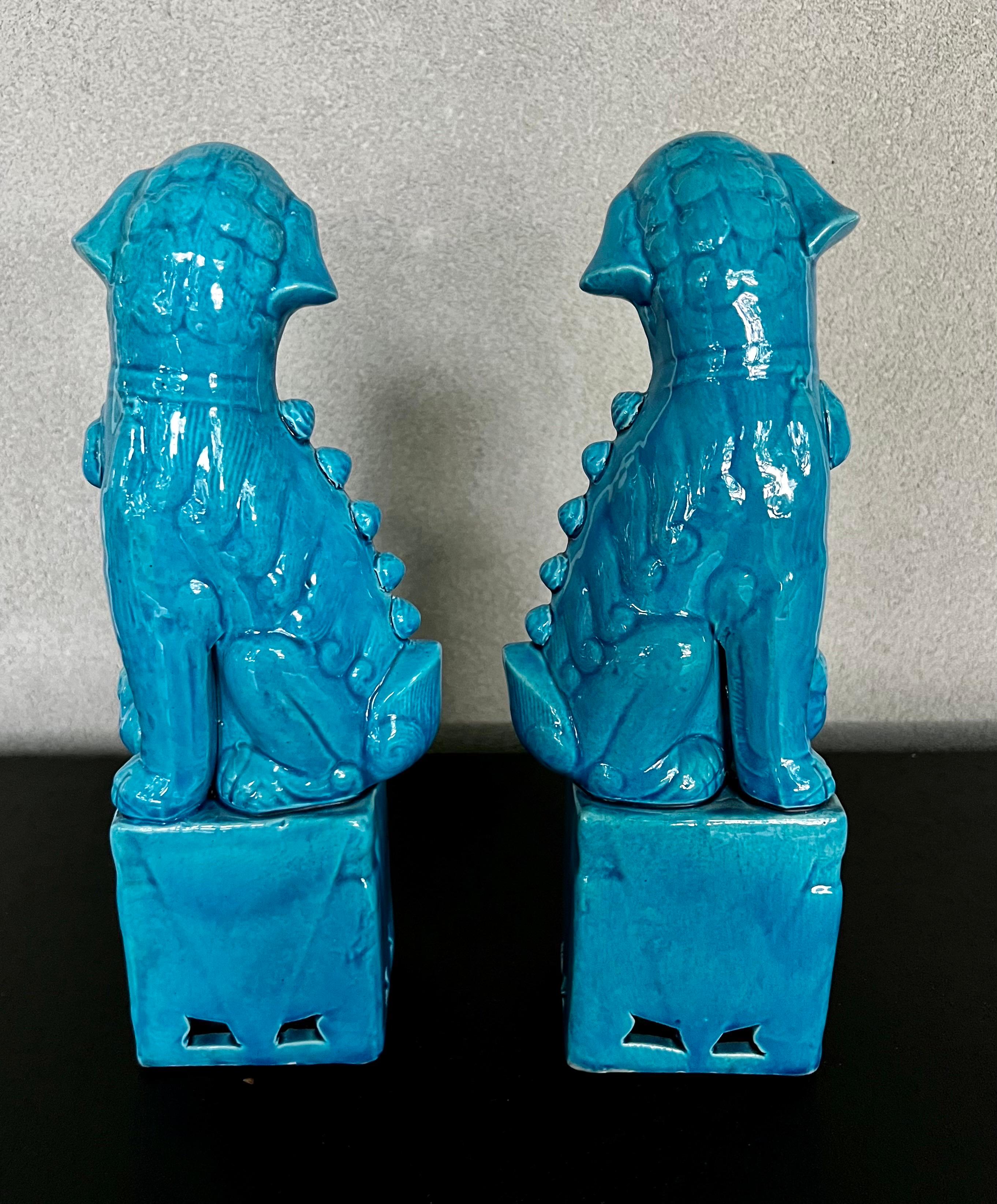 Glazed Vintage Chinese Cobalt Blue Foo Dogs- a Pair