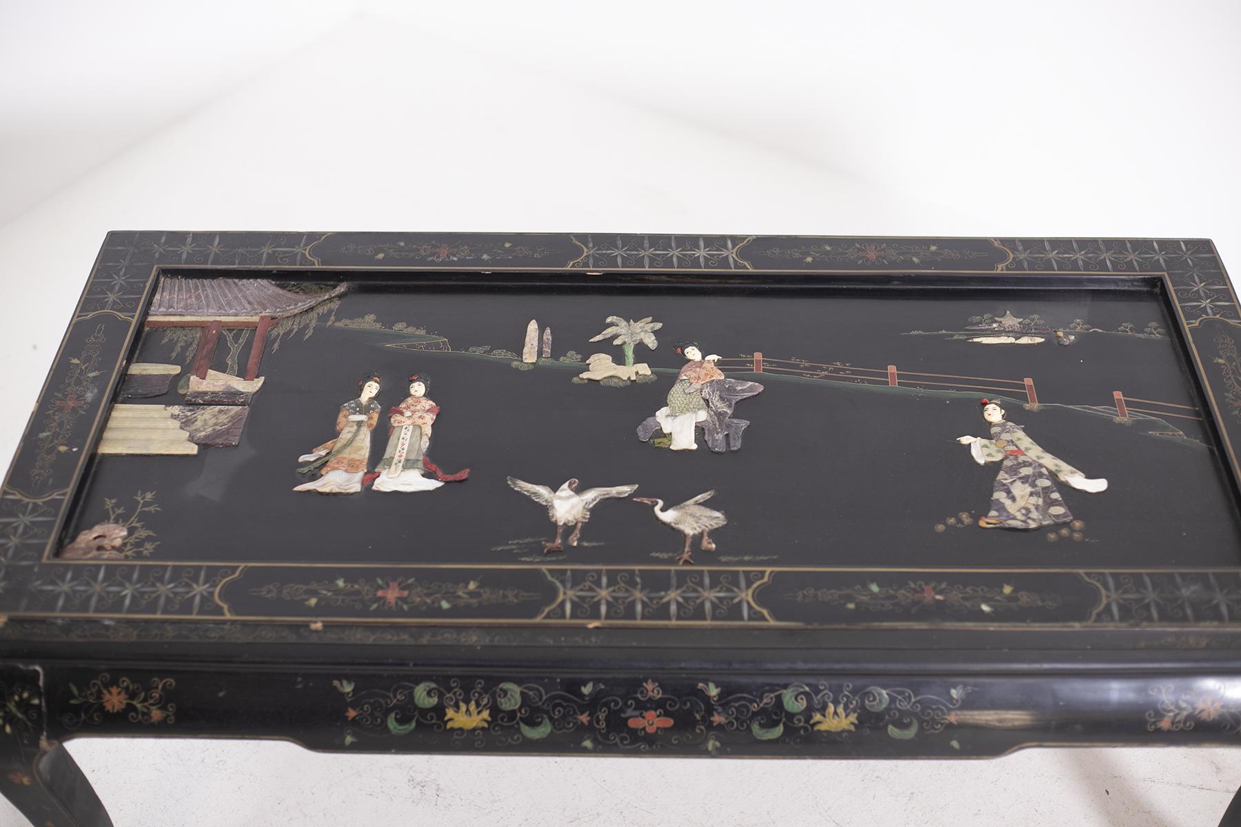 Vintage Chinese Coffee Table Inlaid Wood and Stones 1