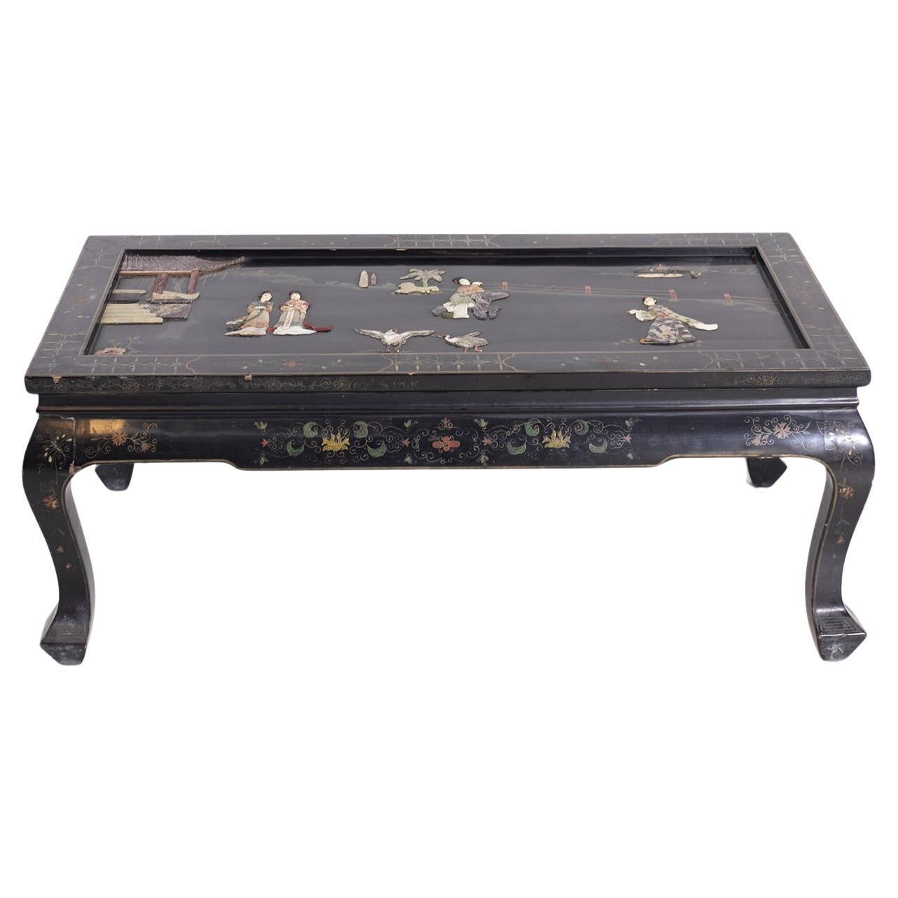 Vintage Chinese Coffee Table Inlaid Wood and Stones