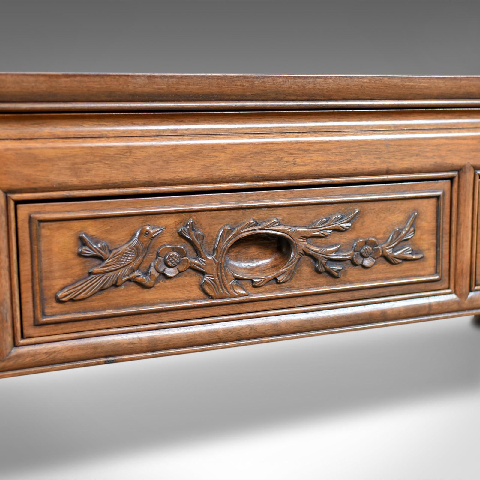 Chinese Export Vintage Chinese Coffee Table, Low, Three-Drawer, Carved Oriental Cabinet