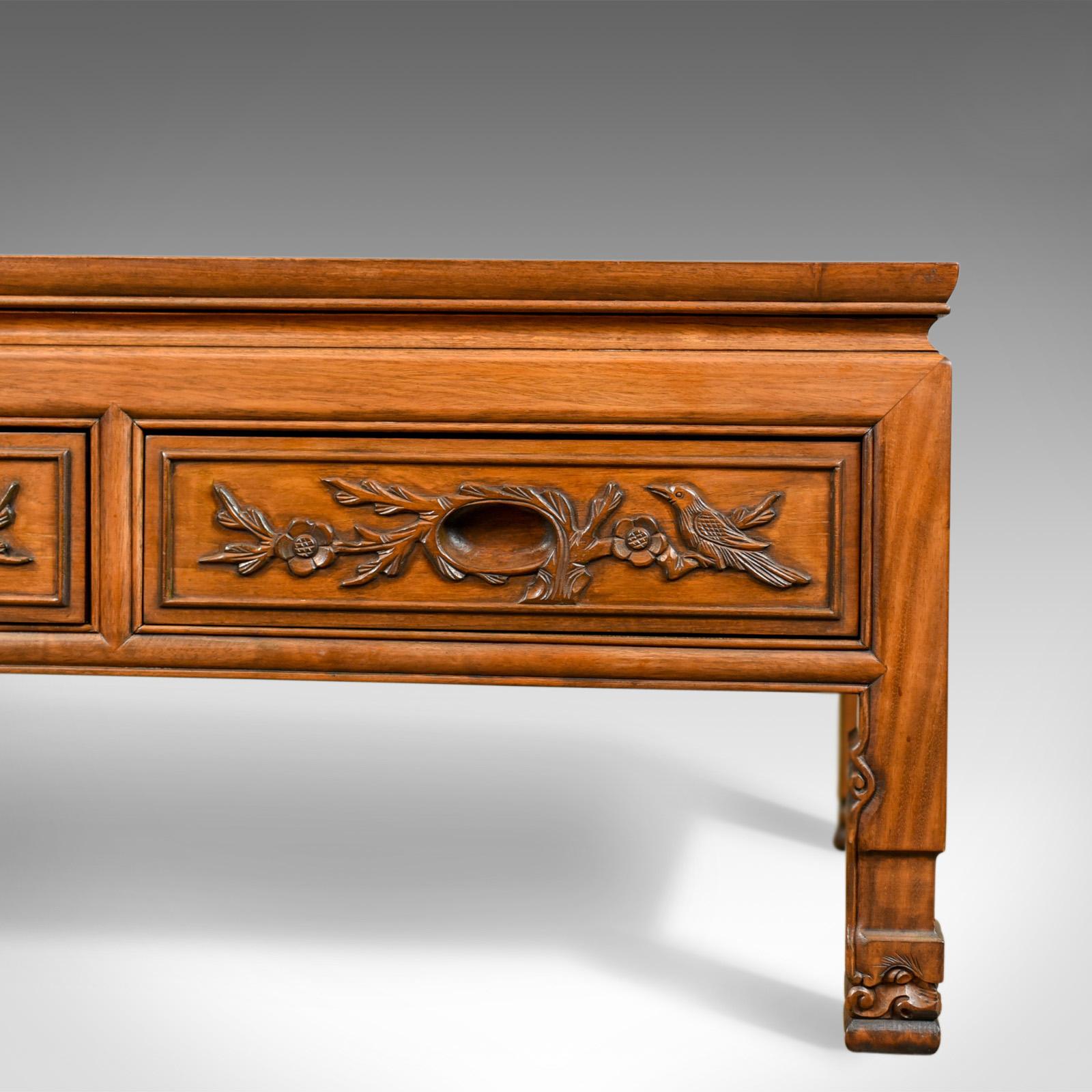 Vintage Chinese Coffee Table, Low, Three-Drawer, Carved Oriental Cabinet In Good Condition In Hele, Devon, GB