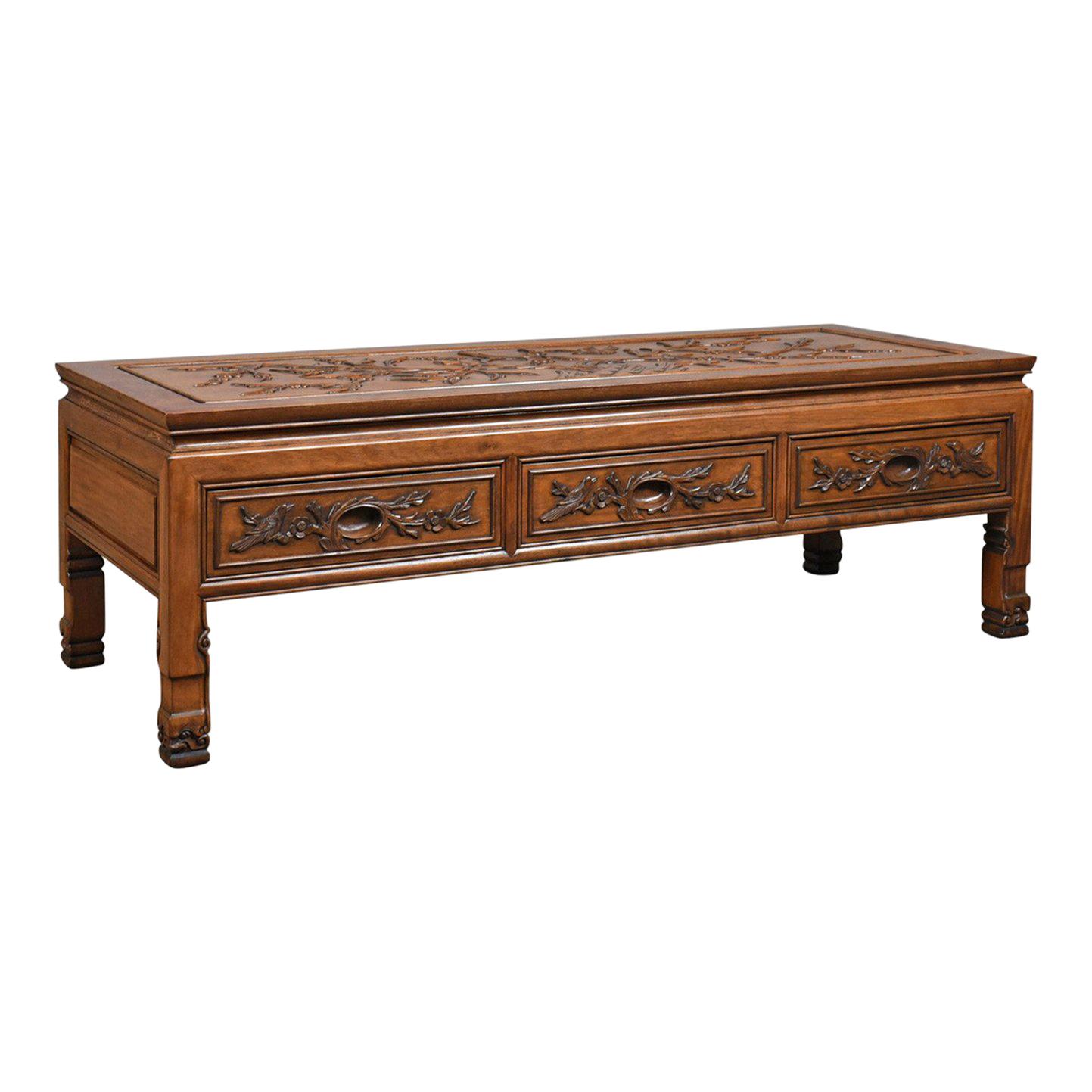 Vintage Chinese Coffee Table, Low, Three-Drawer, Carved Oriental Cabinet