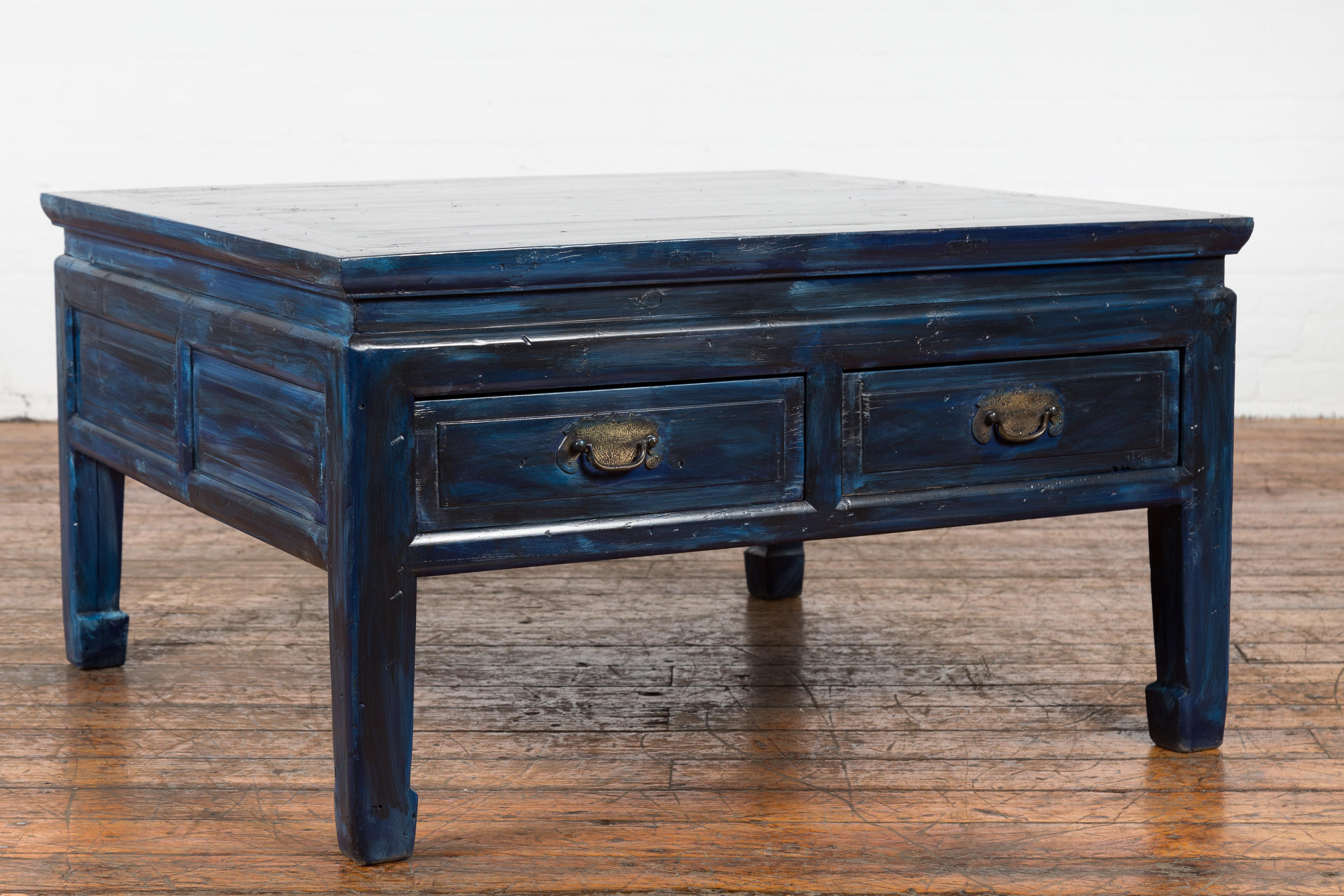 Vintage Chinese Coffee Table with Two Drawers and Custom Blue Lacquer 5