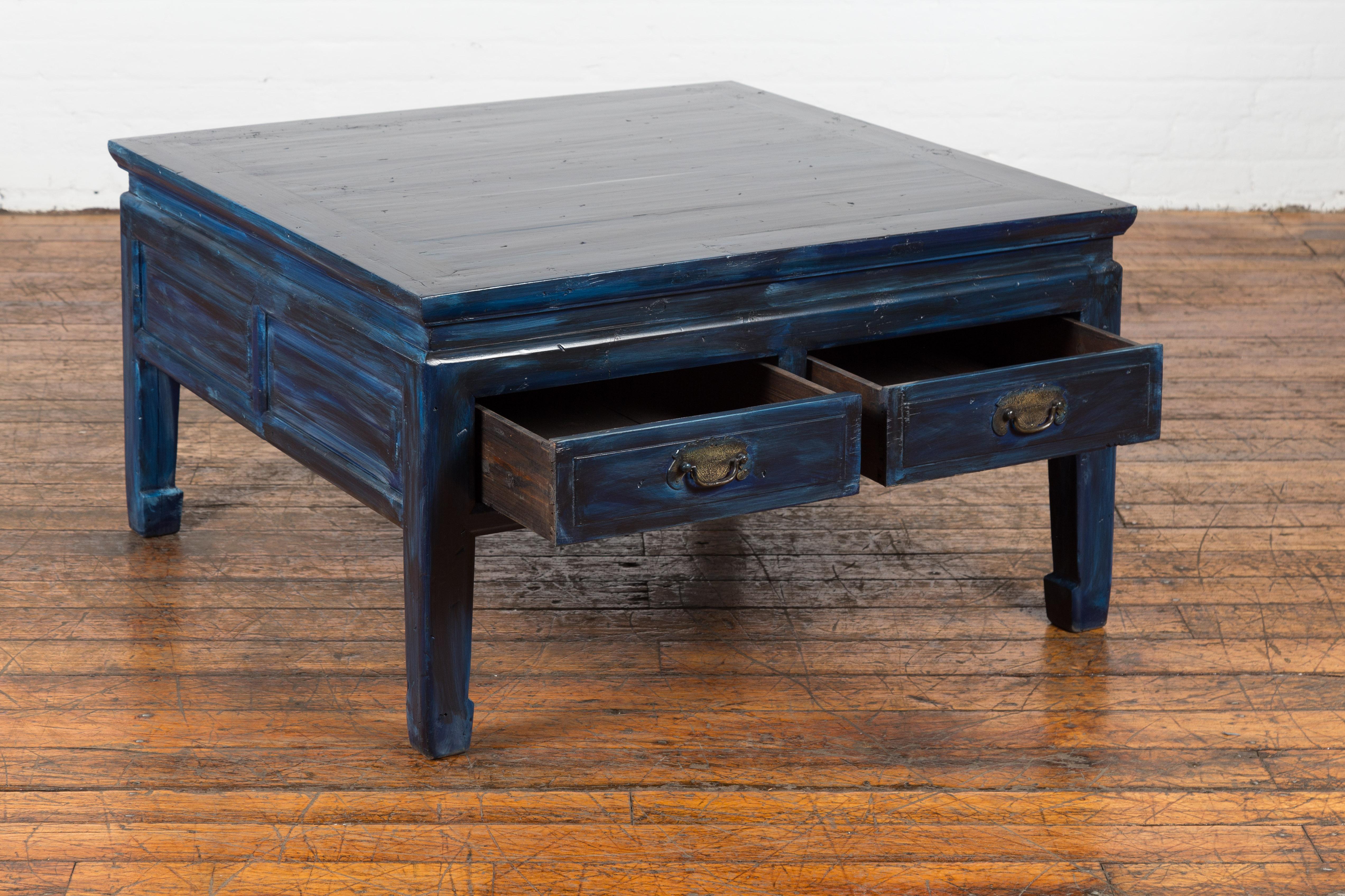 Vintage Chinese Coffee Table with Two Drawers and Custom Blue Lacquer 6