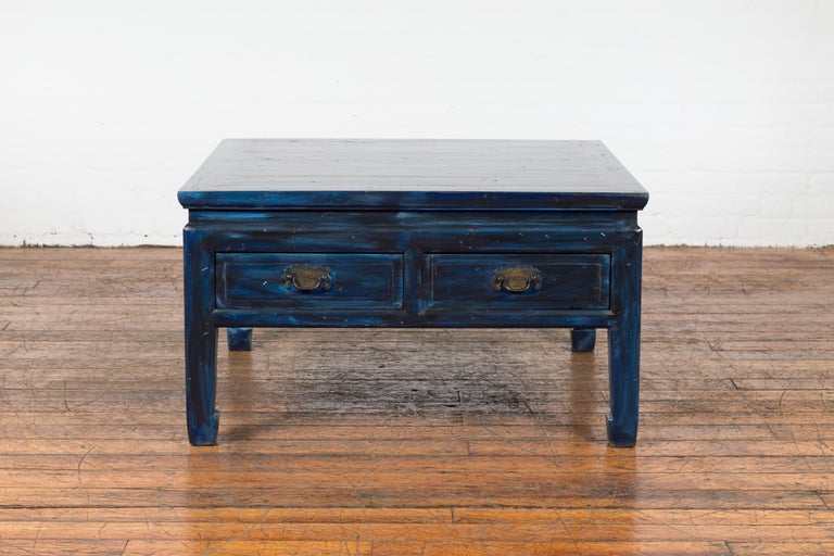 Vintage Chinese Coffee Table with Two Drawers and Custom Blue Lacquer