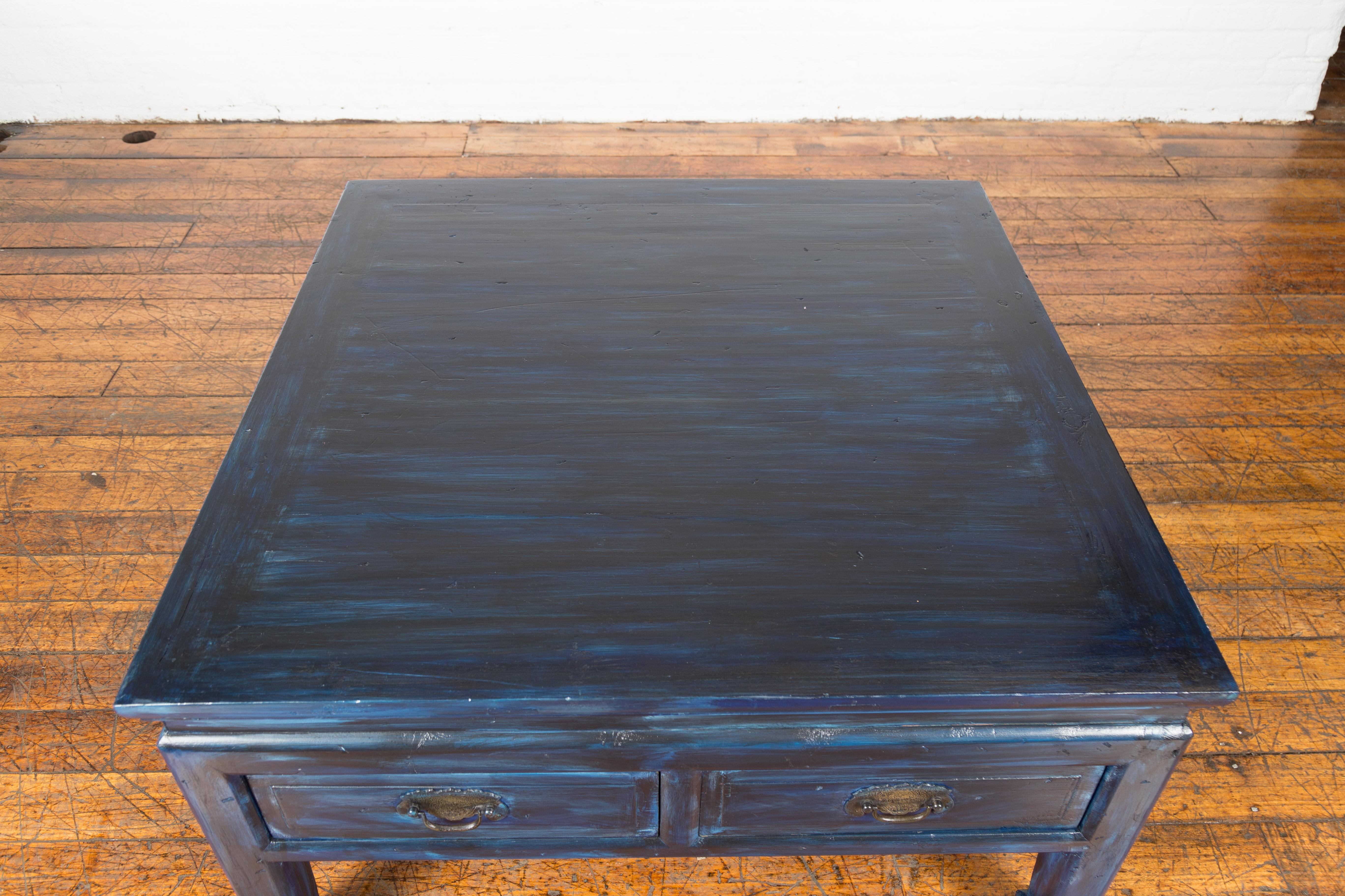 Carved Vintage Chinese Coffee Table with Two Drawers and Custom Blue Lacquer