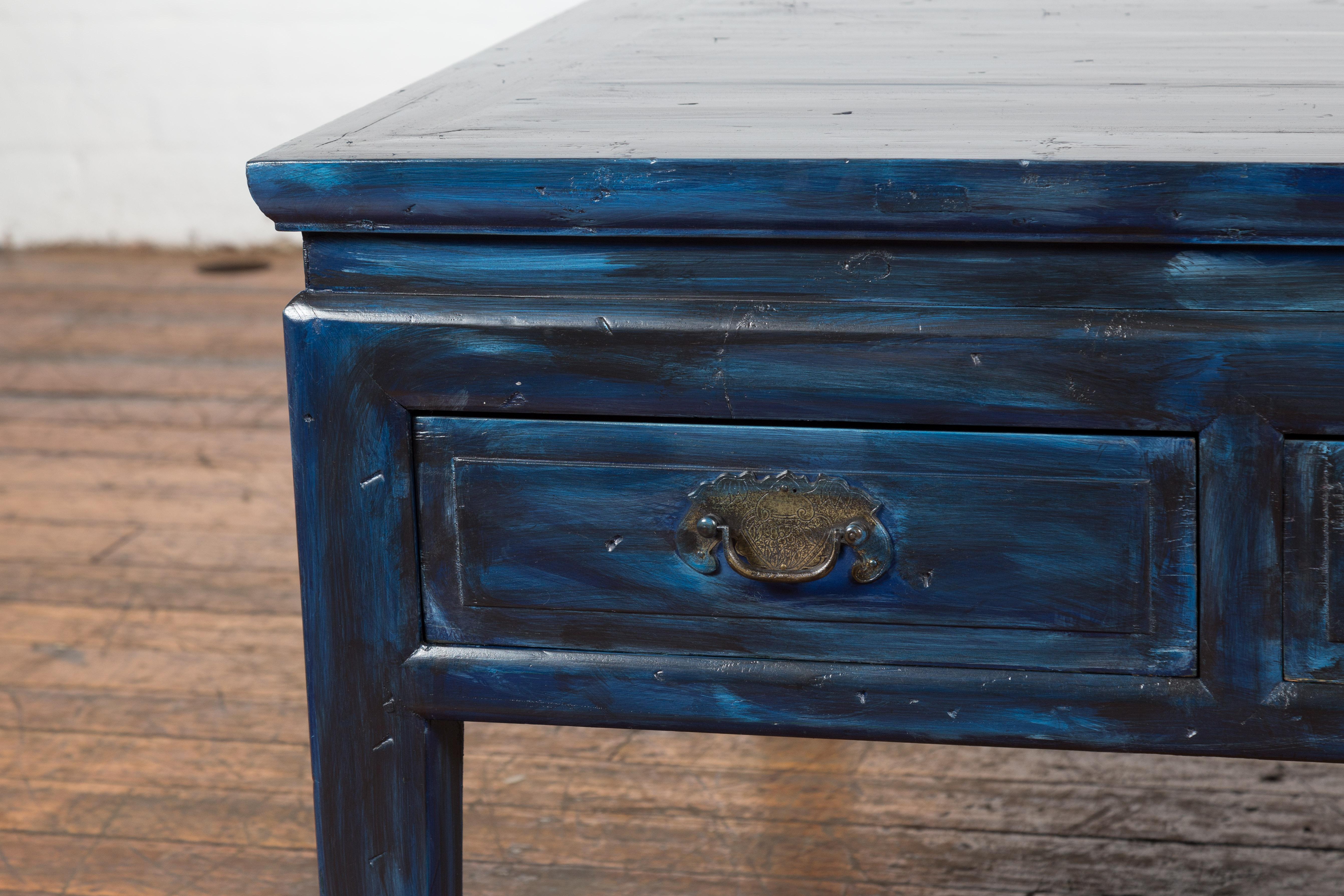 20th Century Vintage Chinese Coffee Table with Two Drawers and Custom Blue Lacquer