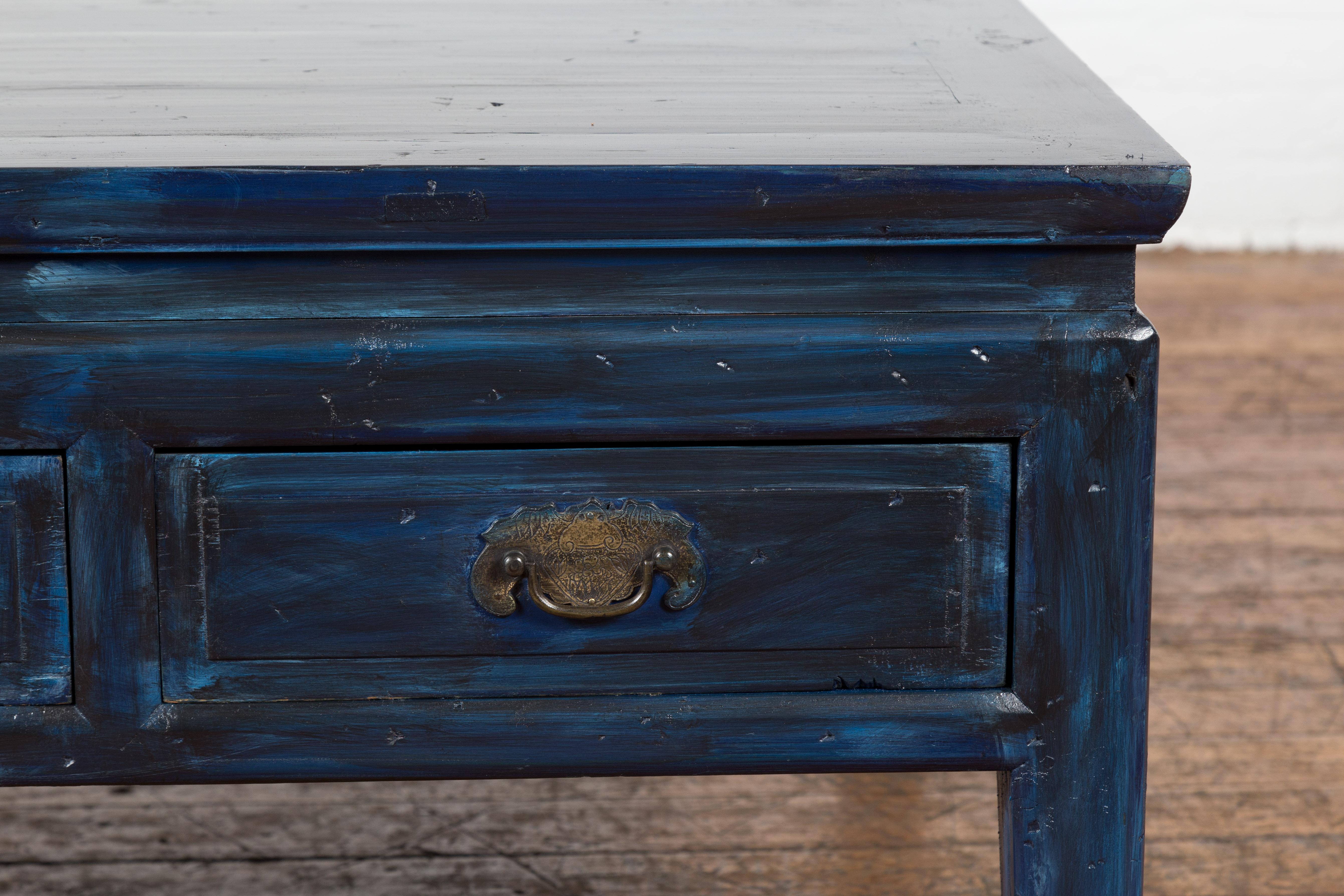 Brass Vintage Chinese Coffee Table with Two Drawers and Custom Blue Lacquer