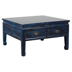 Vintage Chinese Coffee Table with Two Drawers and Custom Blue Lacquer