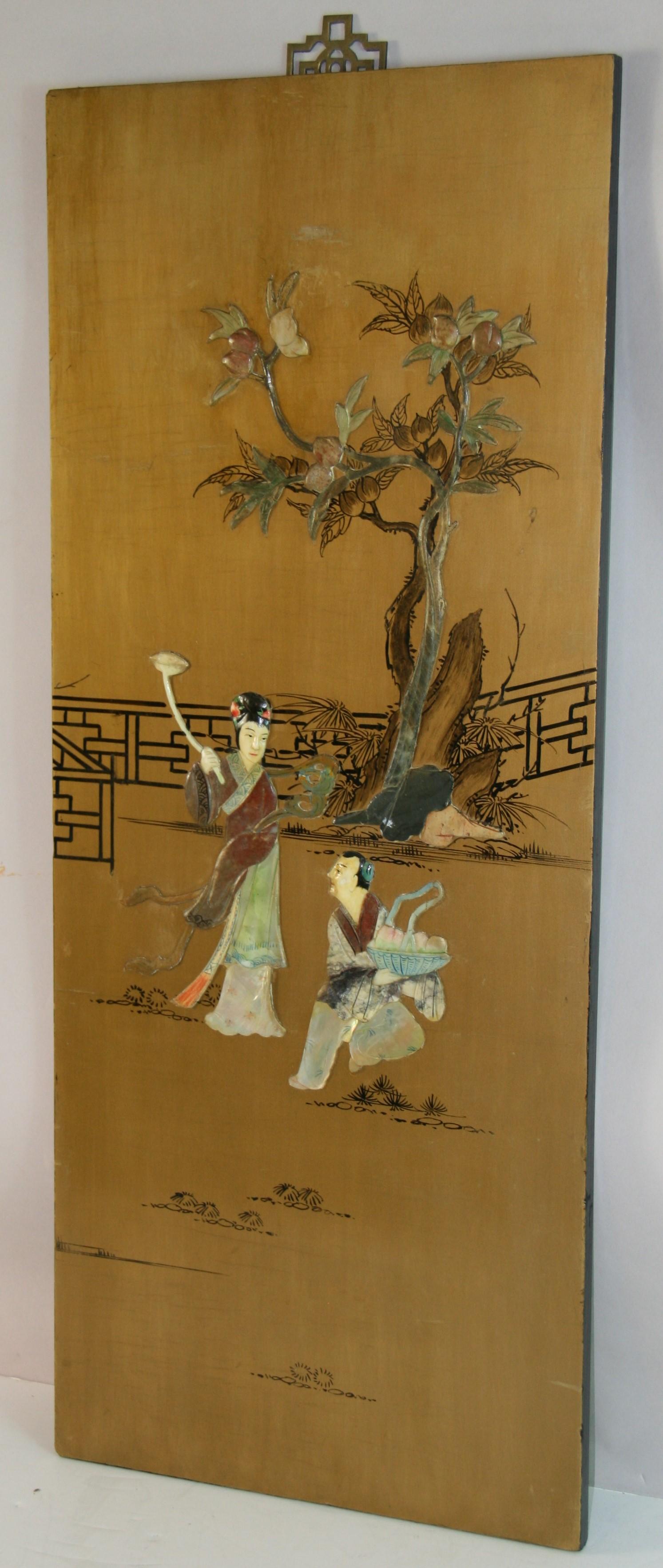 1765 Chines panel hand painted with applied colored stone ansestoralfigures in a court scene