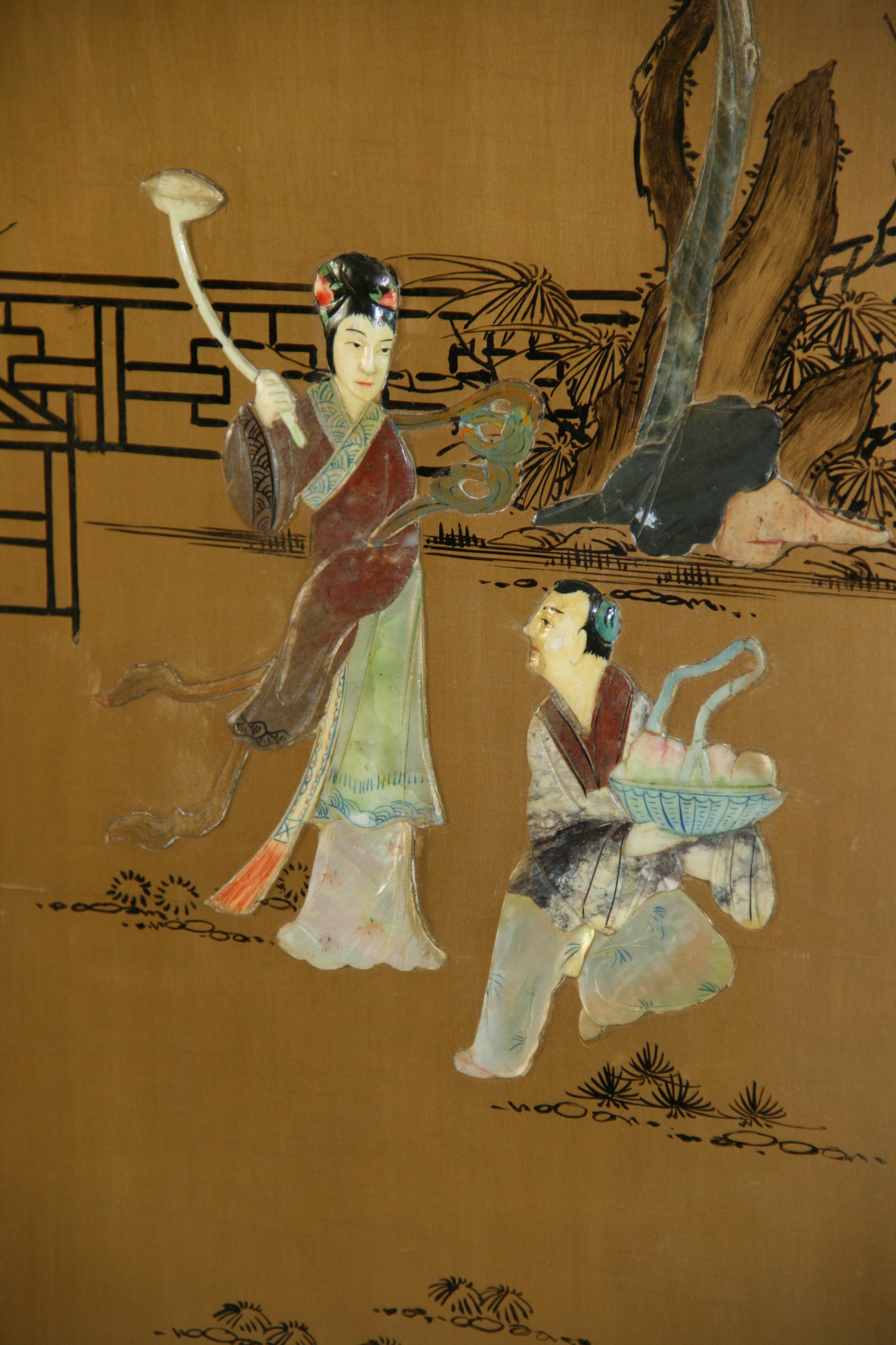 Vintage Chinese Colored stone Ansestoral Court Scene Panel In Good Condition For Sale In Douglas Manor, NY