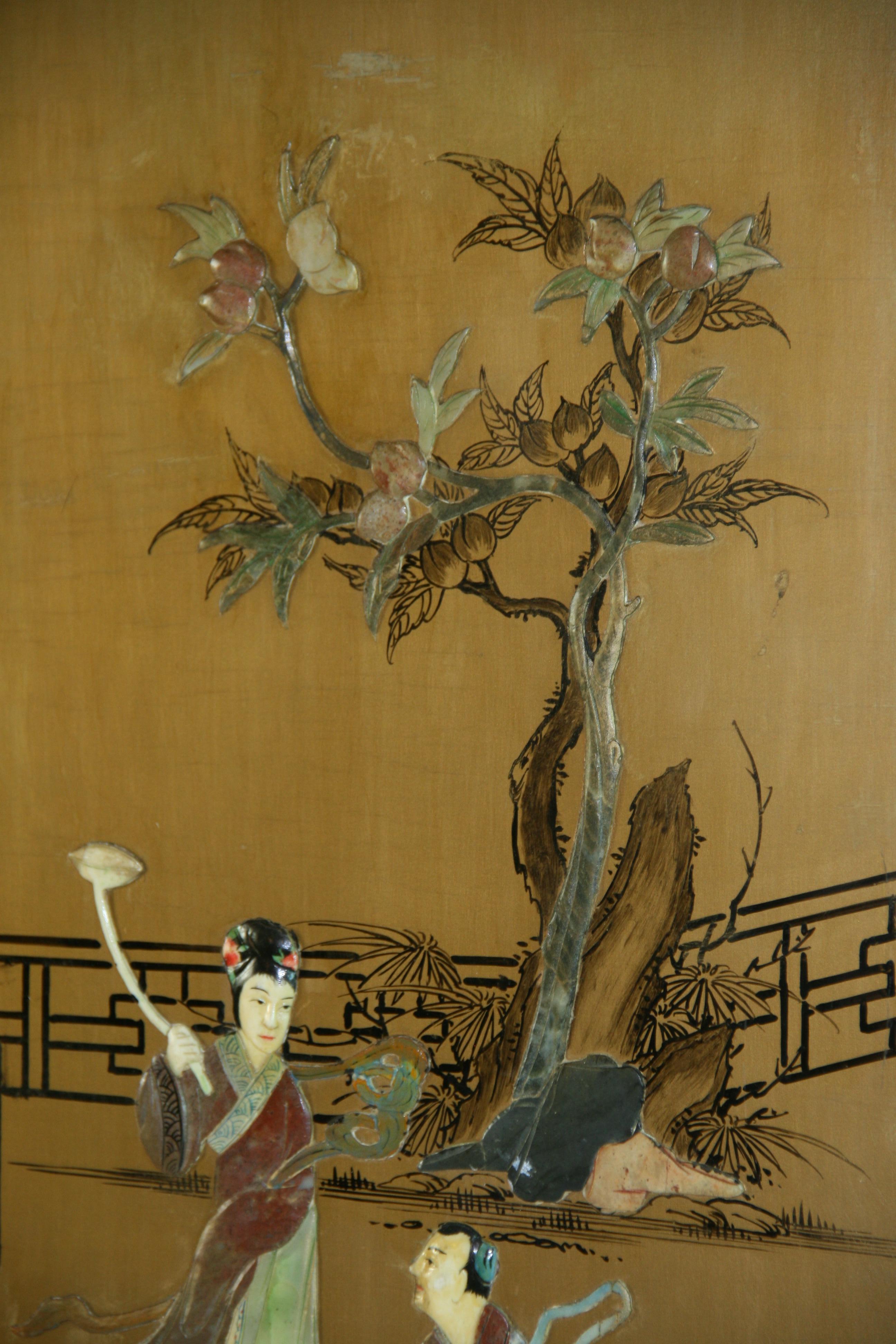Mid-20th Century Vintage Chinese Colored stone Ansestoral Court Scene Panel For Sale