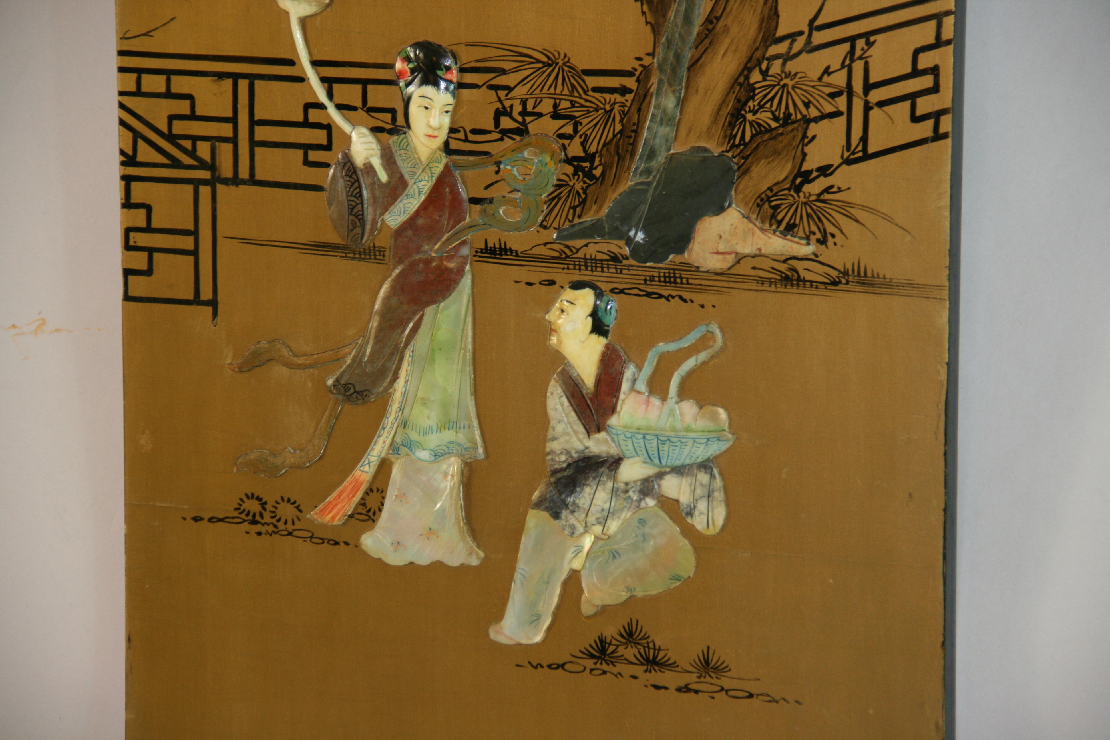 Stone Vintage Chinese Colored stone Ansestoral Court Scene Panel For Sale