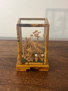Vintage Chinese Cork Diorama in Burnt Bamboo & Glass Display Case