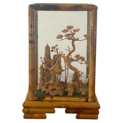 Vintage Chinese Cork Diorama in Burnt Bamboo & Glass Display Case