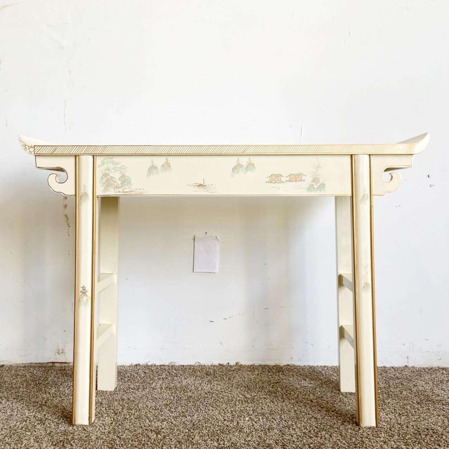 Incredible vintage Chinese flared console table. Features a cream lacquered finish with hand painted designs.
