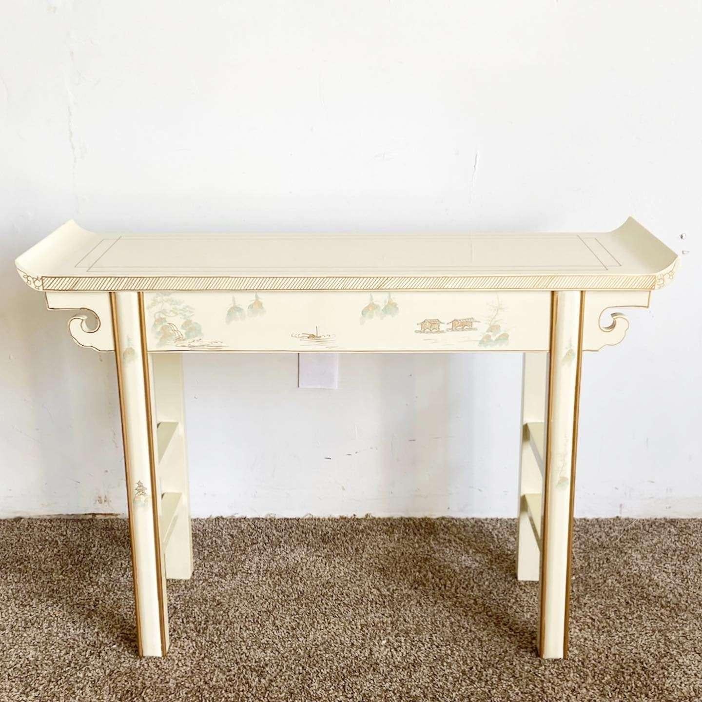 Chinese Export Vintage Chinese Cream Lacquered and Hand Painted Console Table For Sale