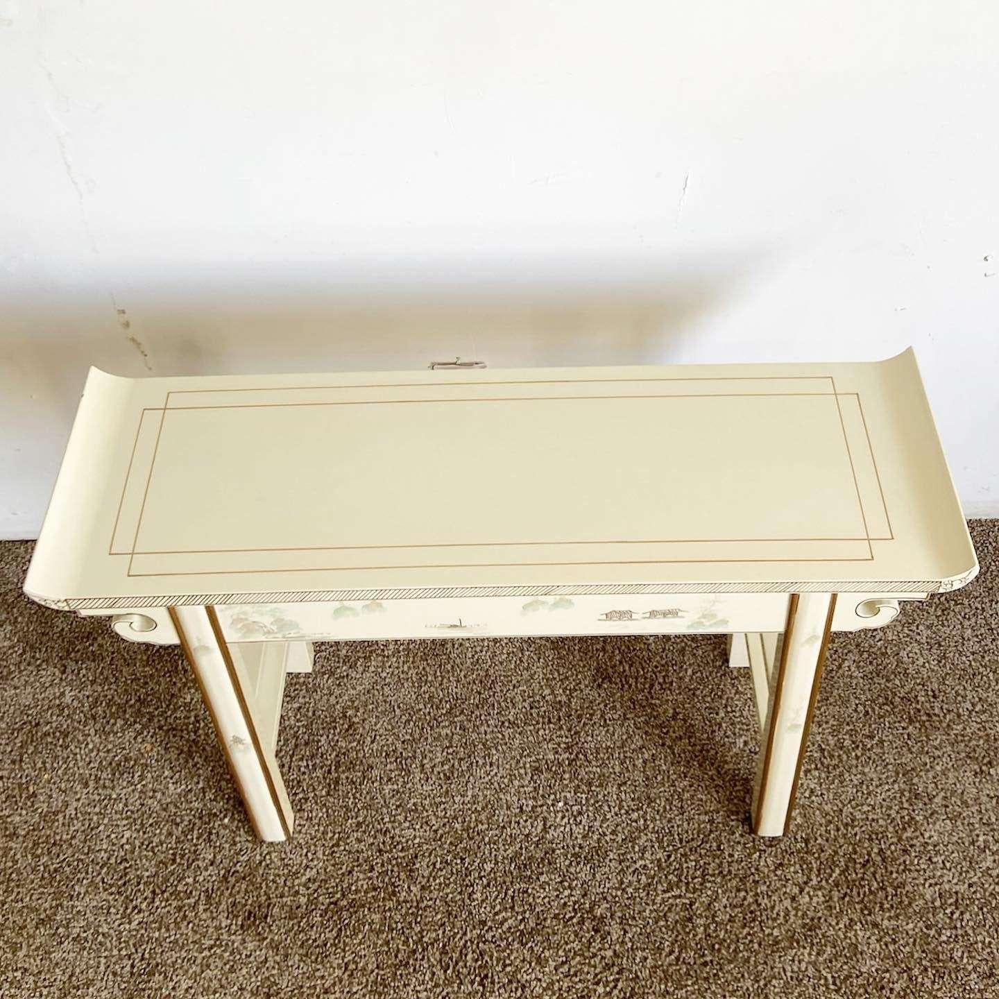 Vintage Chinese Cream Lacquered and Hand Painted Console Table In Good Condition For Sale In Delray Beach, FL