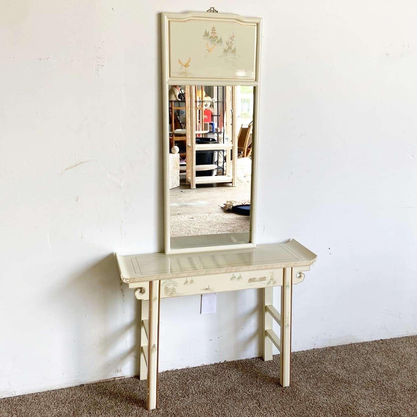 Wood Vintage Chinese Cream Lacquered and Hand Painted Console Table For Sale