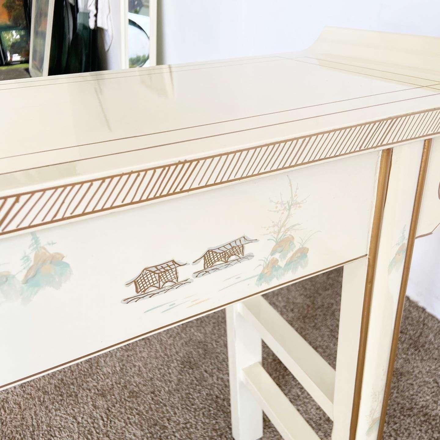 Vintage Chinese Cream Lacquered and Hand Painted Console Table For Sale 2