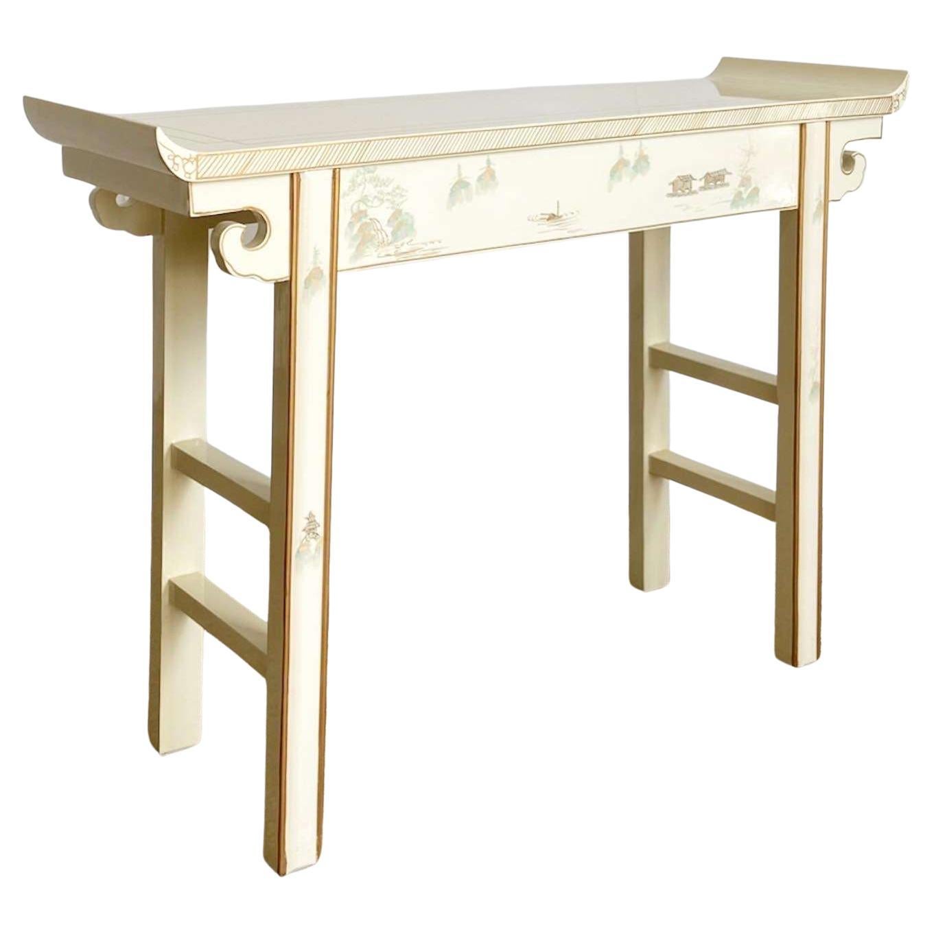 Vintage Chinese Cream Lacquered and Hand Painted Console Table For Sale