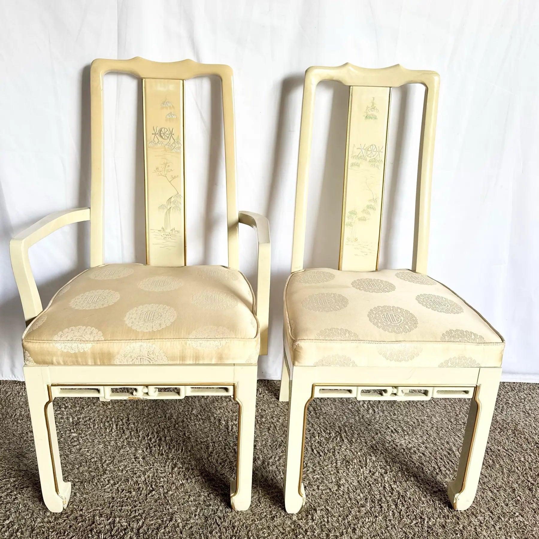 Vintage Chinese Cream Lacquered Hand Painted Dining Chairs - Satz von 6 (Chinesisch) im Angebot