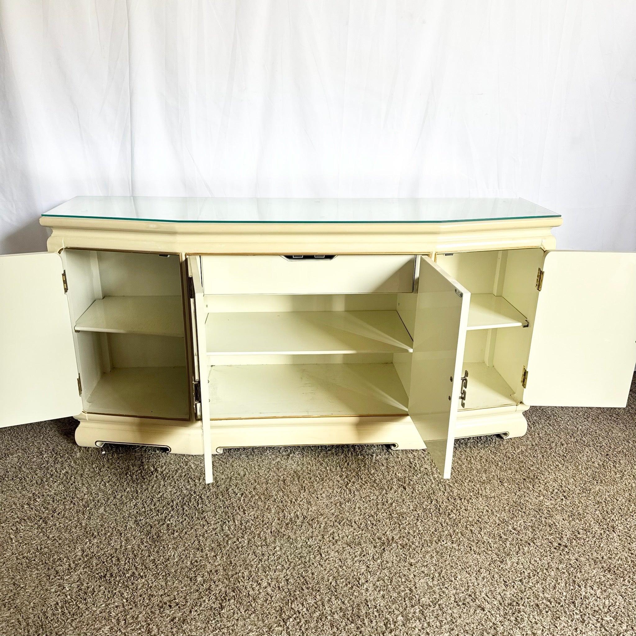 Vintage Chinese Cream Lacquered Hand Painted Glass Top Credenza/Buffet In Good Condition For Sale In Delray Beach, FL