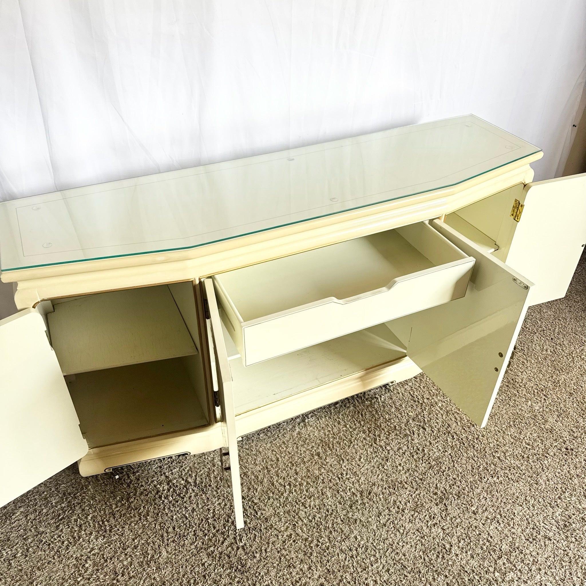 20th Century Vintage Chinese Cream Lacquered Hand Painted Glass Top Credenza/Buffet For Sale