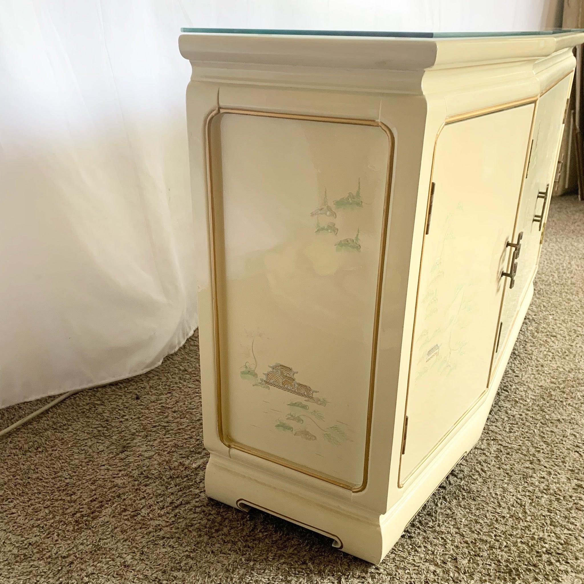 Wood Vintage Chinese Cream Lacquered Hand Painted Glass Top Credenza/Buffet For Sale