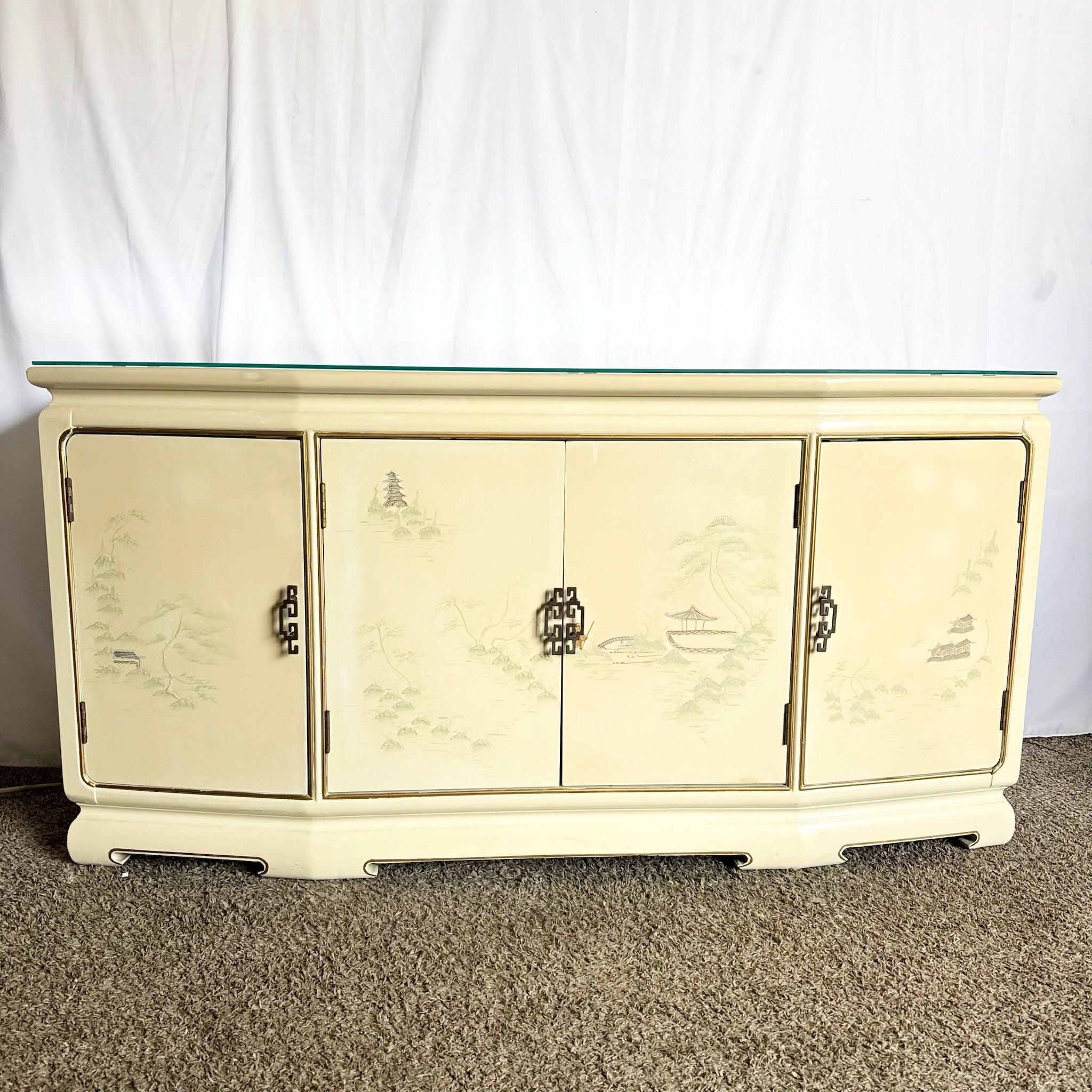Vintage Chinese Cream Lacquered Hand Painted Glass Top Credenza/Buffet For Sale 1