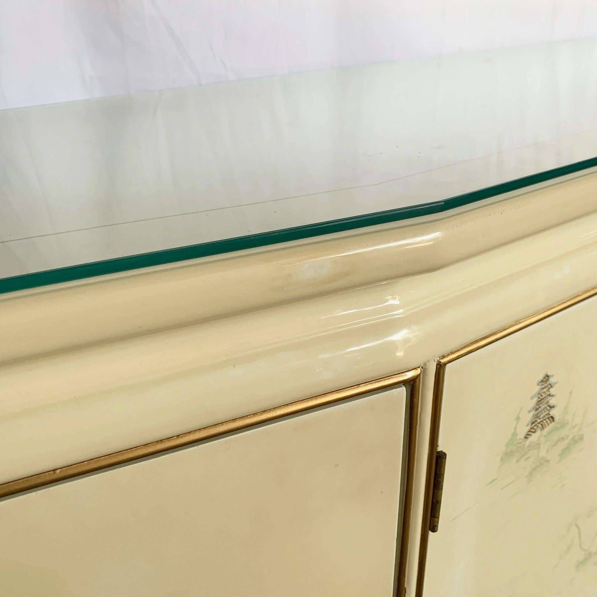 Vintage Chinese Cream Lacquered Hand Painted Glass Top Credenza/Buffet For Sale 2