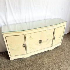 Vintage Chinese Cream Lacquered Hand Painted Glass Top Credenza/Buffet