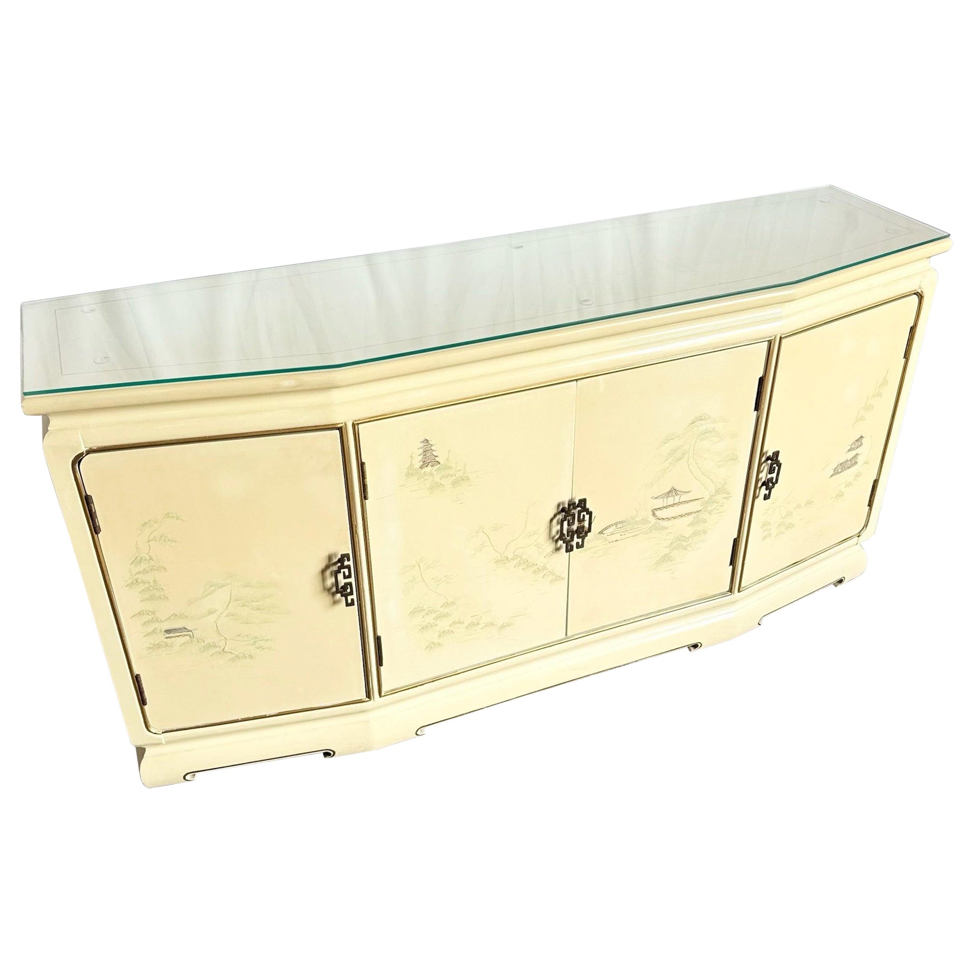 Vintage Chinese Cream Lacquered Hand Painted Glass Top Credenza/Buffet