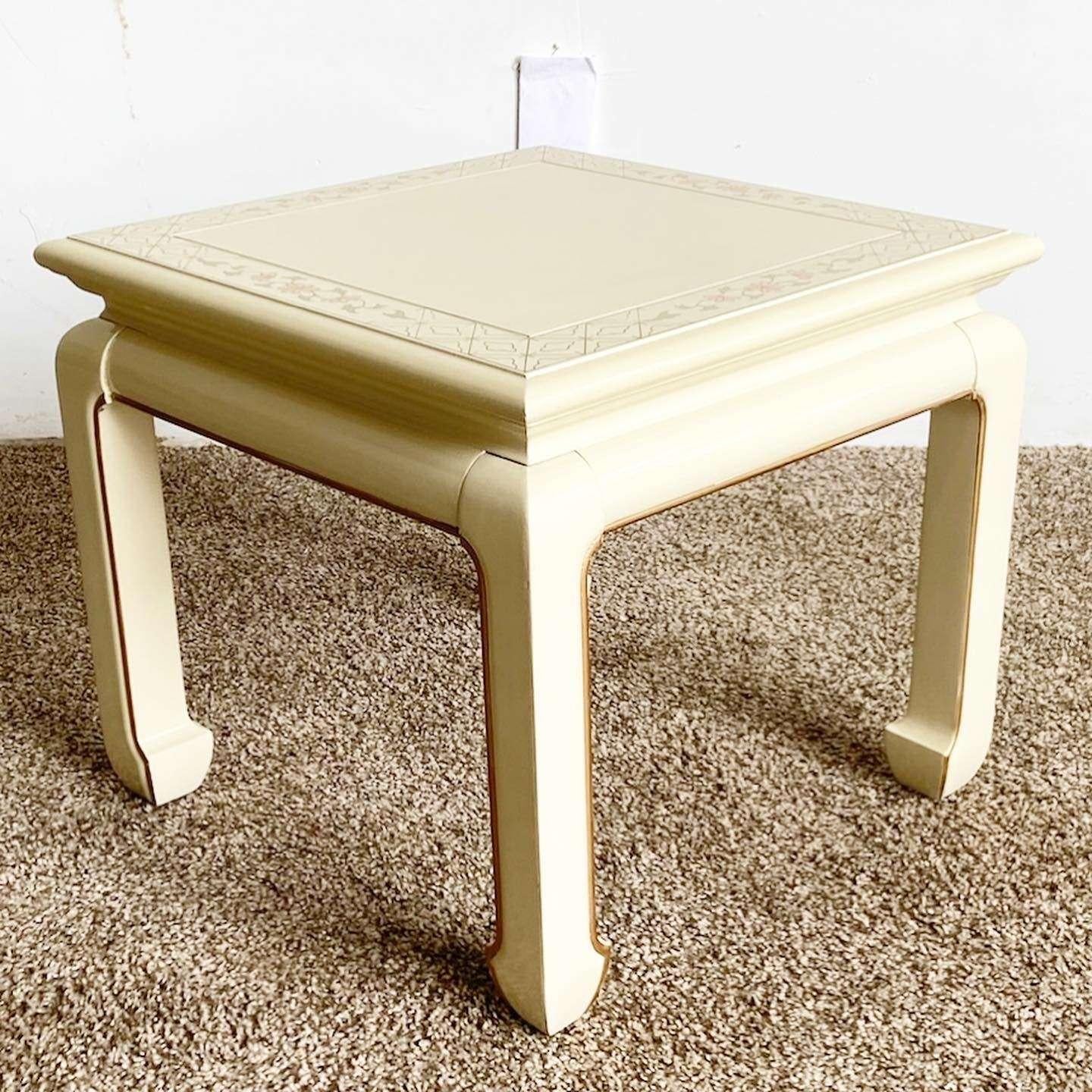 Chinese Export Vintage Chinese Cream Lacquered Hand Painted Side Table For Sale