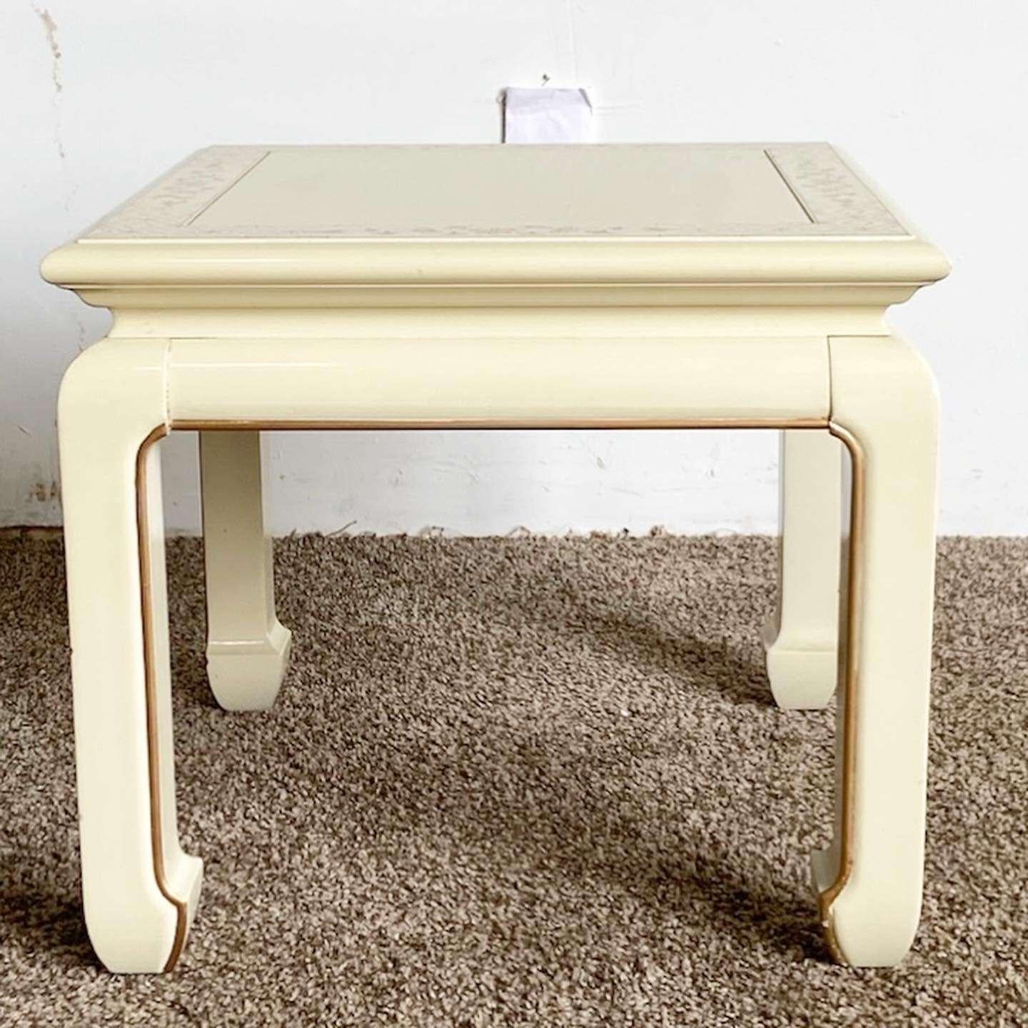 Late 20th Century Vintage Chinese Cream Lacquered Hand Painted Side Table For Sale