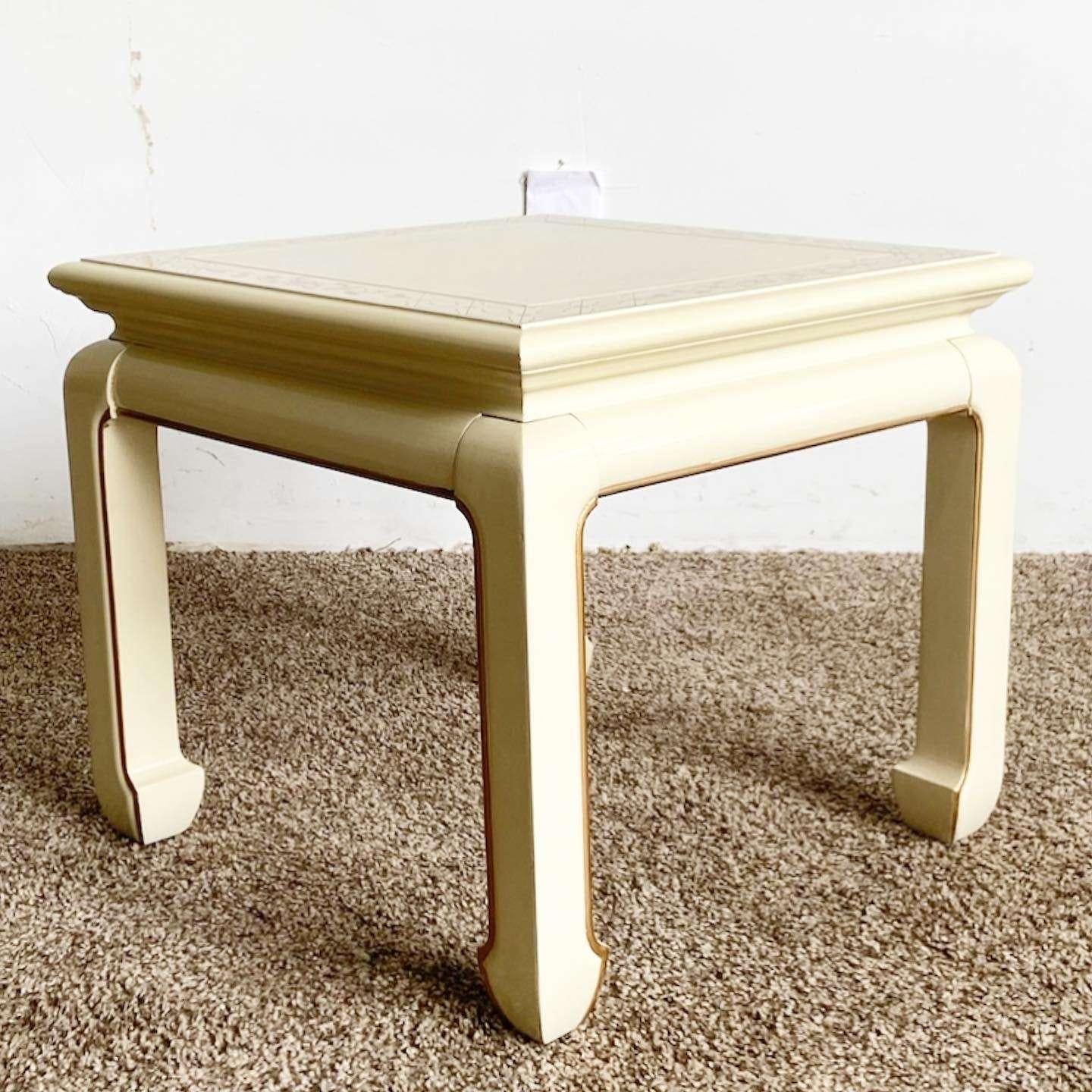 Wood Vintage Chinese Cream Lacquered Hand Painted Side Table For Sale