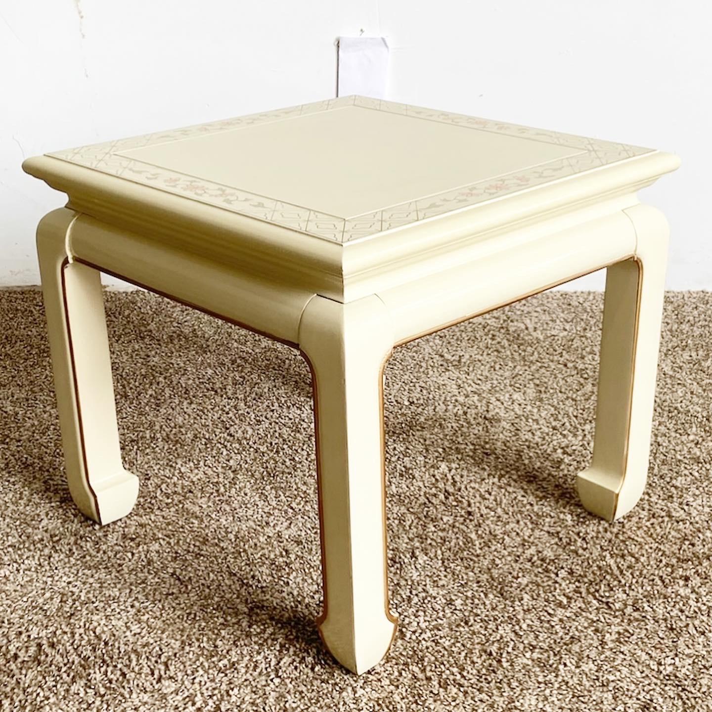 Vintage Chinese Cream Lacquered Hand Painted Side Table 2