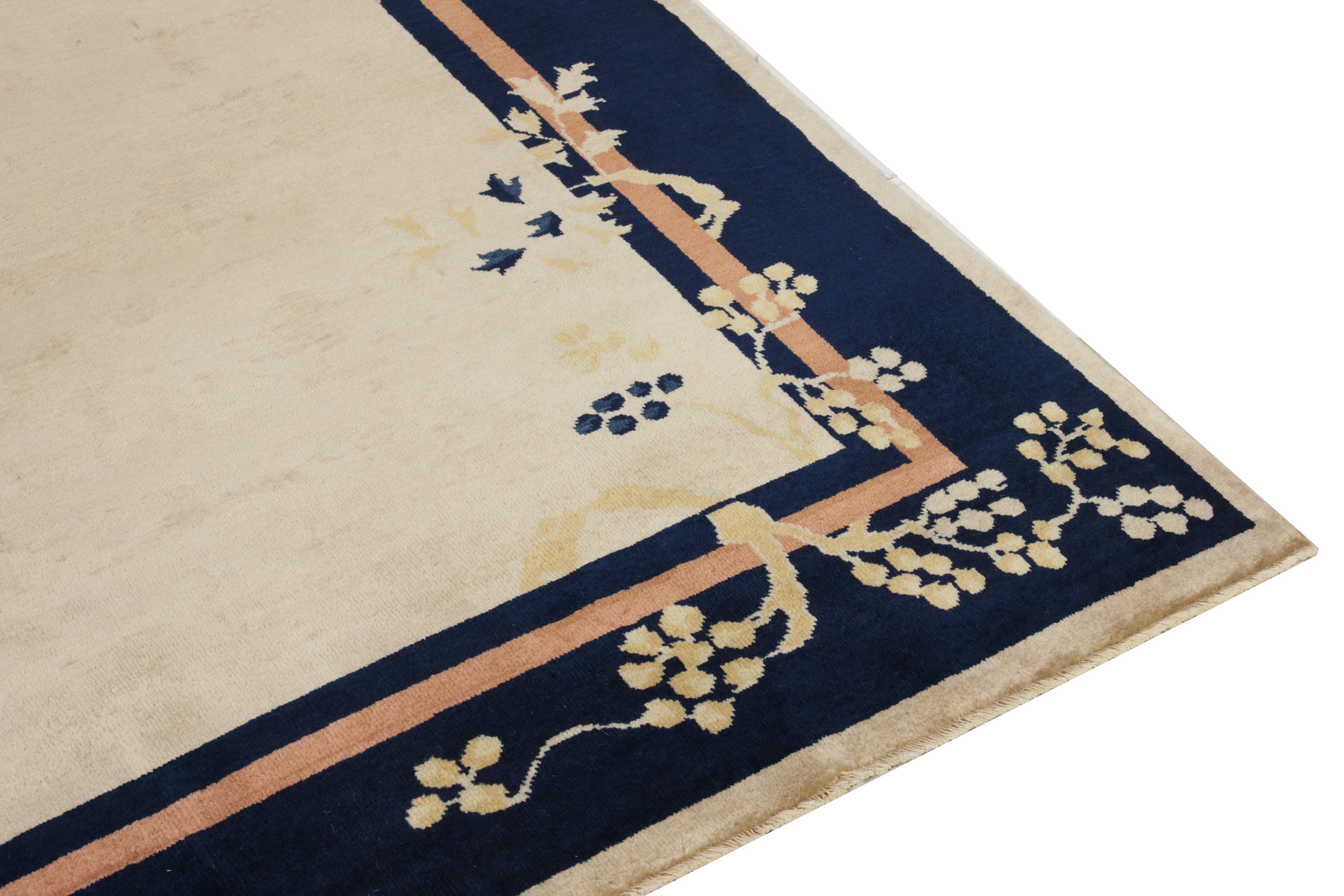 Indian Vintage Chinese Deco Rug in Beige Open Field, Blue Floral Pattern by Rug & Kilim