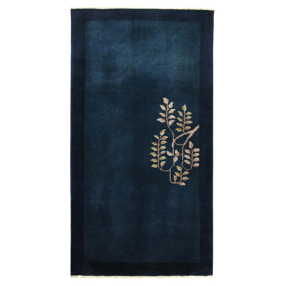 Vintage Chinese Deco Style Rug in Deep Blue, Gold, Floral Pattern by ...