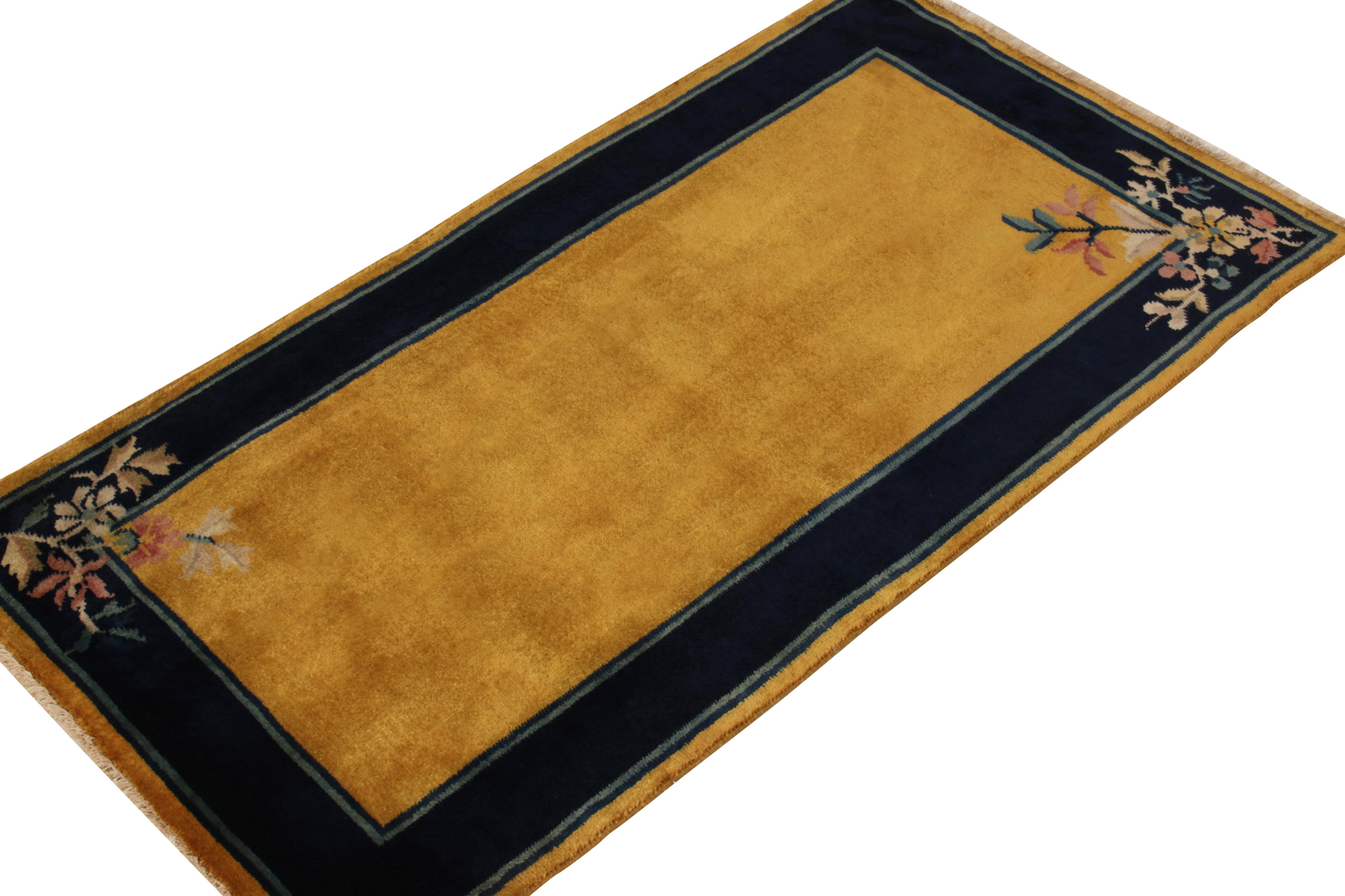 Art Deco Vintage Chinese Deco Rug in Deep Blue, Golden, Red Floral Pattern by Rug & Kilim