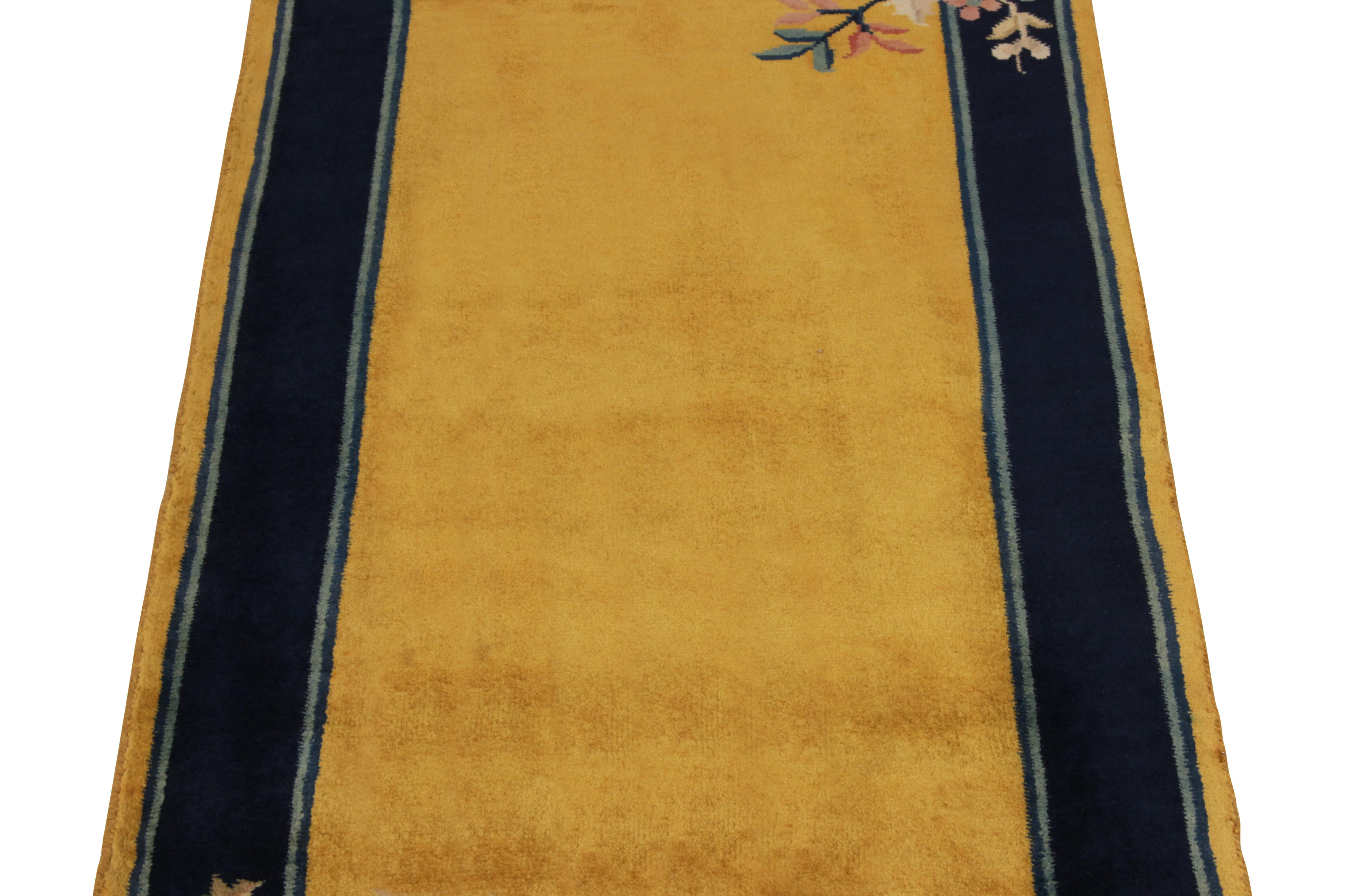 Indian Vintage Chinese Deco Rug in Deep Blue, Golden, Red Floral Pattern by Rug & Kilim
