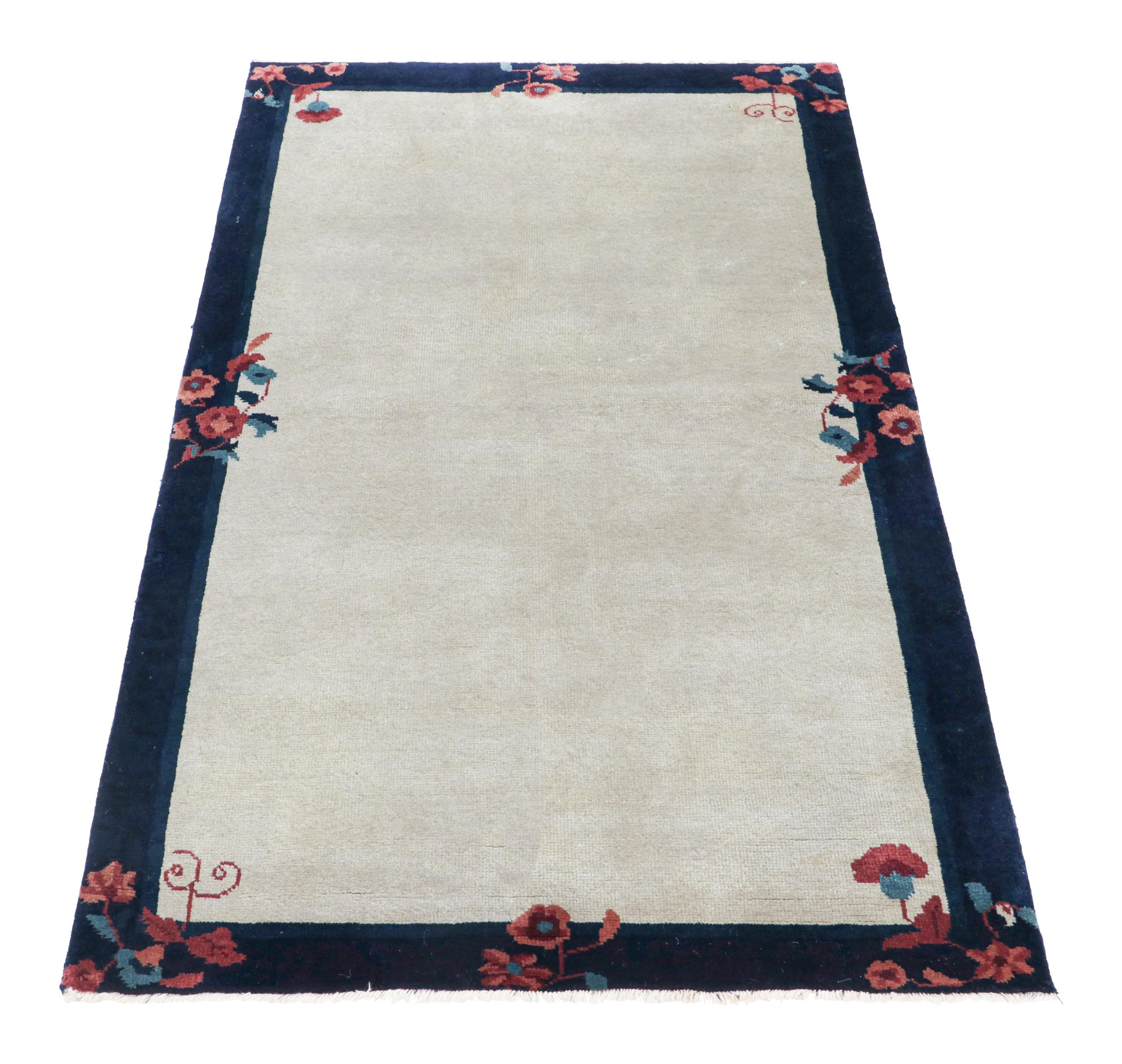 Indian Vintage Chinese Deco Rug in Gray Open Field, Blue Border, Floral by Rug & Kilim For Sale