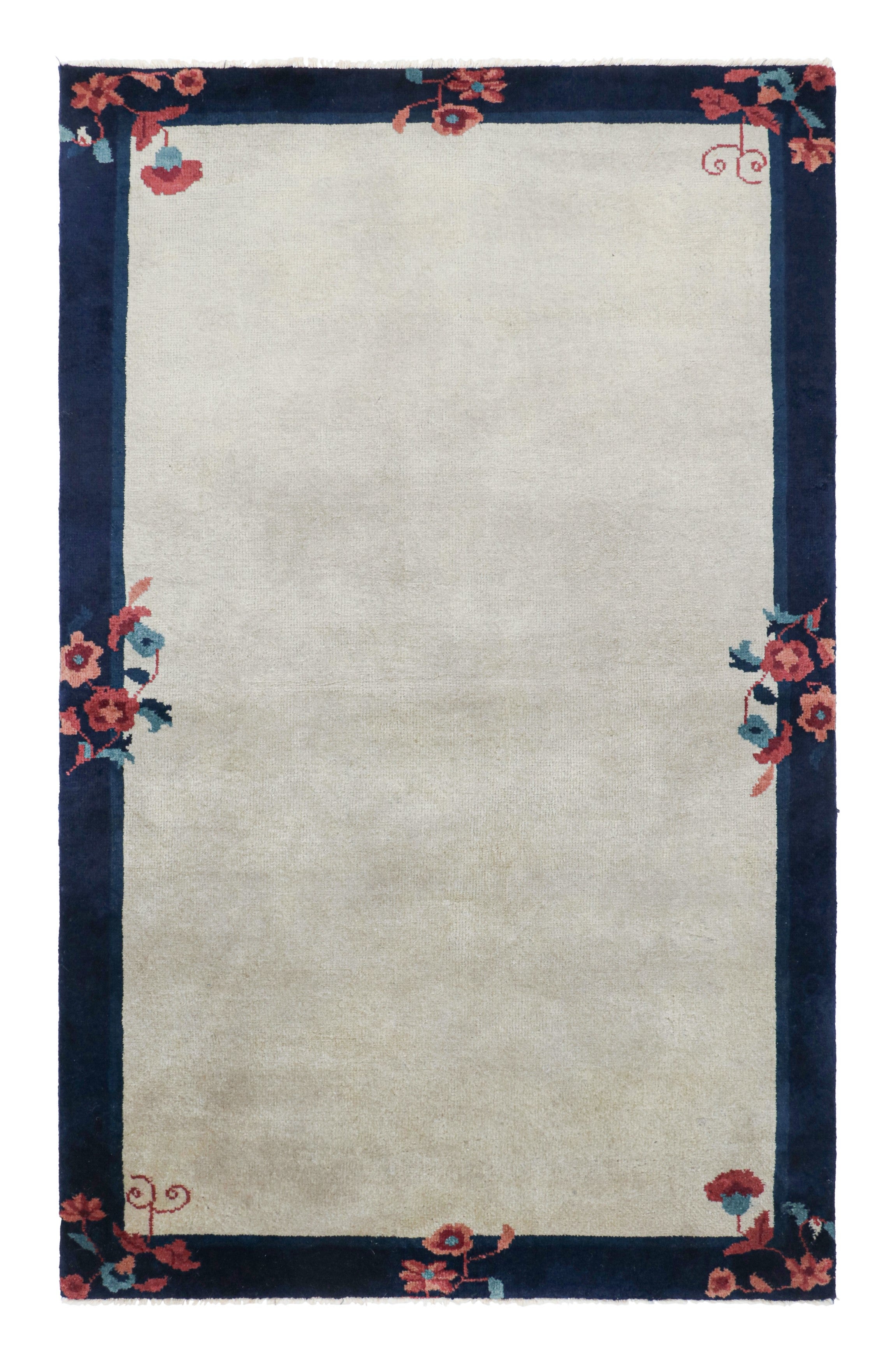 Vintage Chinese Deco Rug in Gray Open Field, Blue Border, Floral by Rug & Kilim For Sale