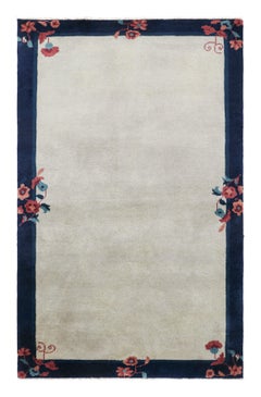 Vintage Chinese Deco Rug in Gray Open Field, Blue Border, Floral by Rug & Kilim