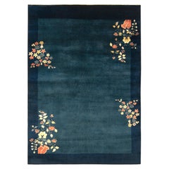 Vintage Chinese Deco Style Rug, Blue Background, Pink & White Floral Patterns