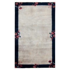 Vintage Chinese Deco Rug in Gray Open Field, Blue Border, Floral by Rug & Kilim