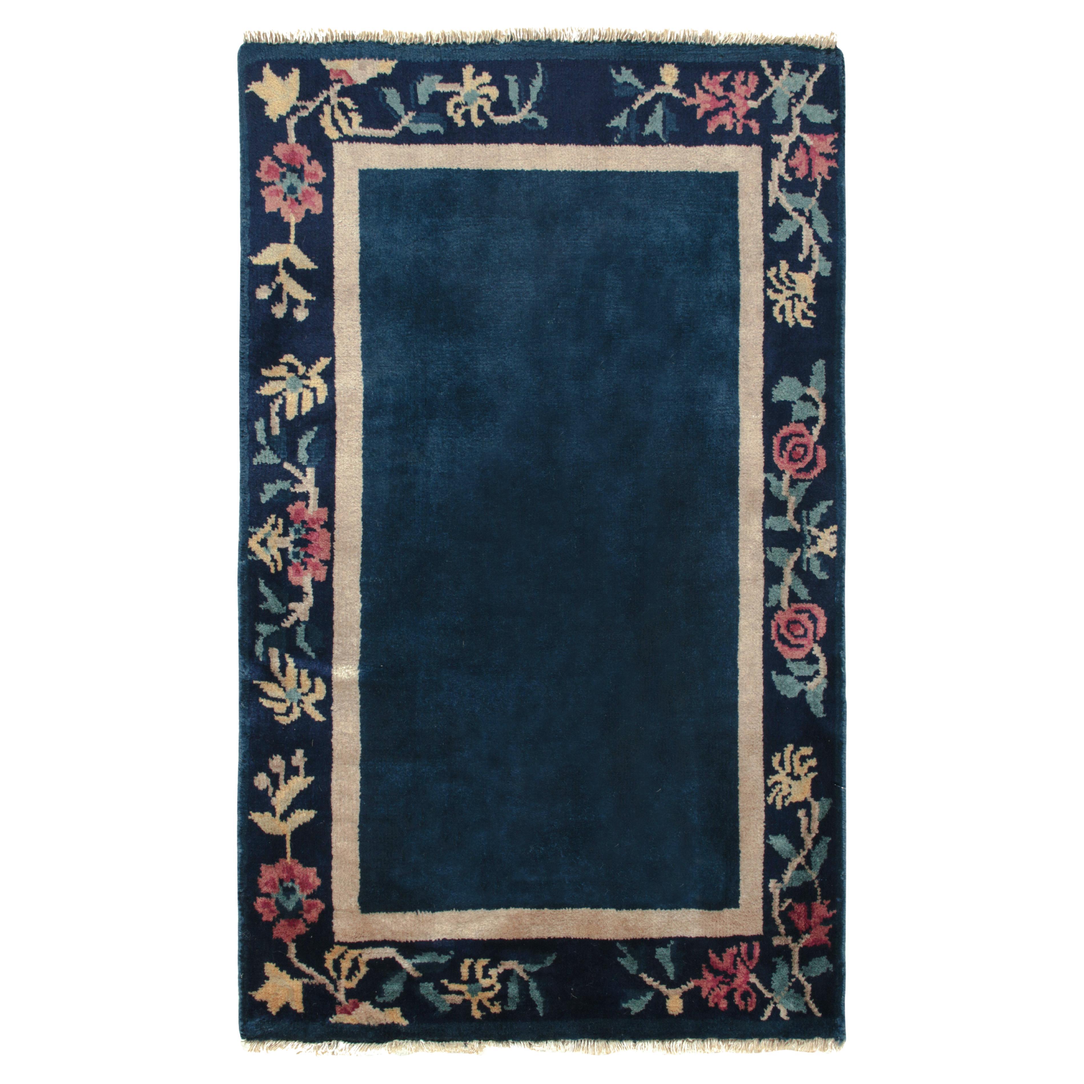 Vintage Chinese Deco Rug in Beige Open Field, Blue Floral Pattern by