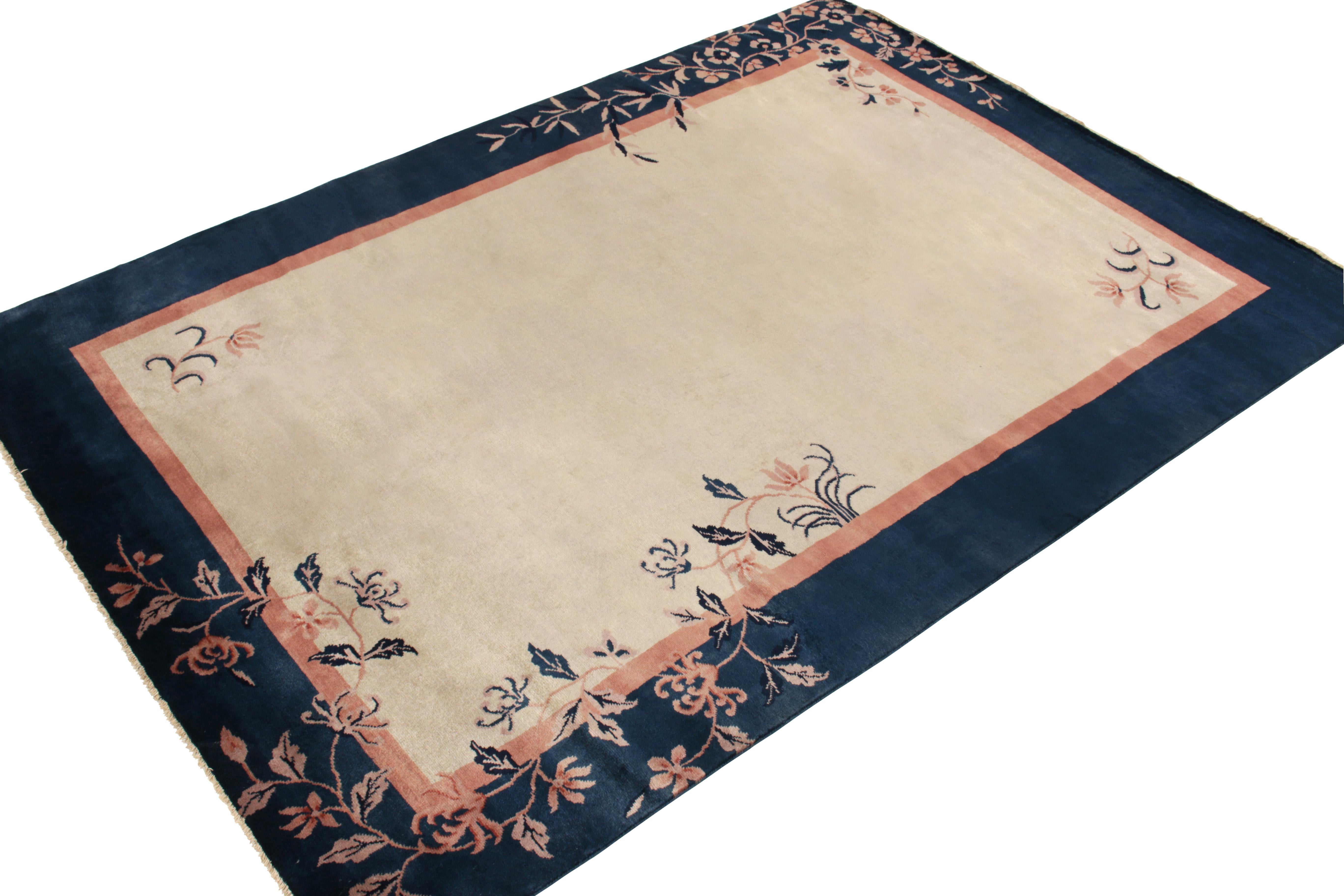 Art Deco Vintage Chinese Deco Style Rug in Beige Blue Peach Floral Pattern by Rug & Kilim For Sale