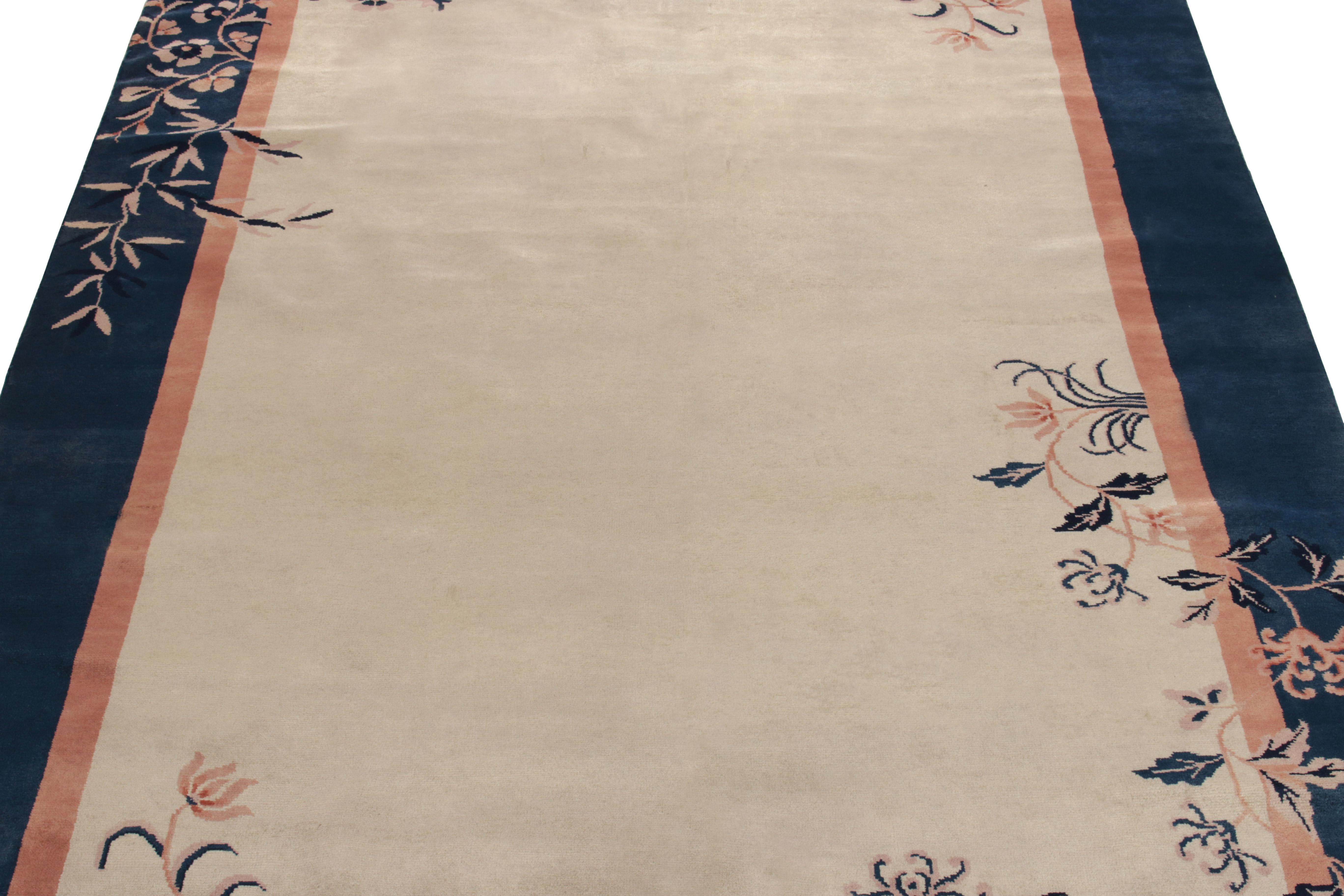 Indian Vintage Chinese Deco Style Rug in Beige Blue Peach Floral Pattern by Rug & Kilim For Sale