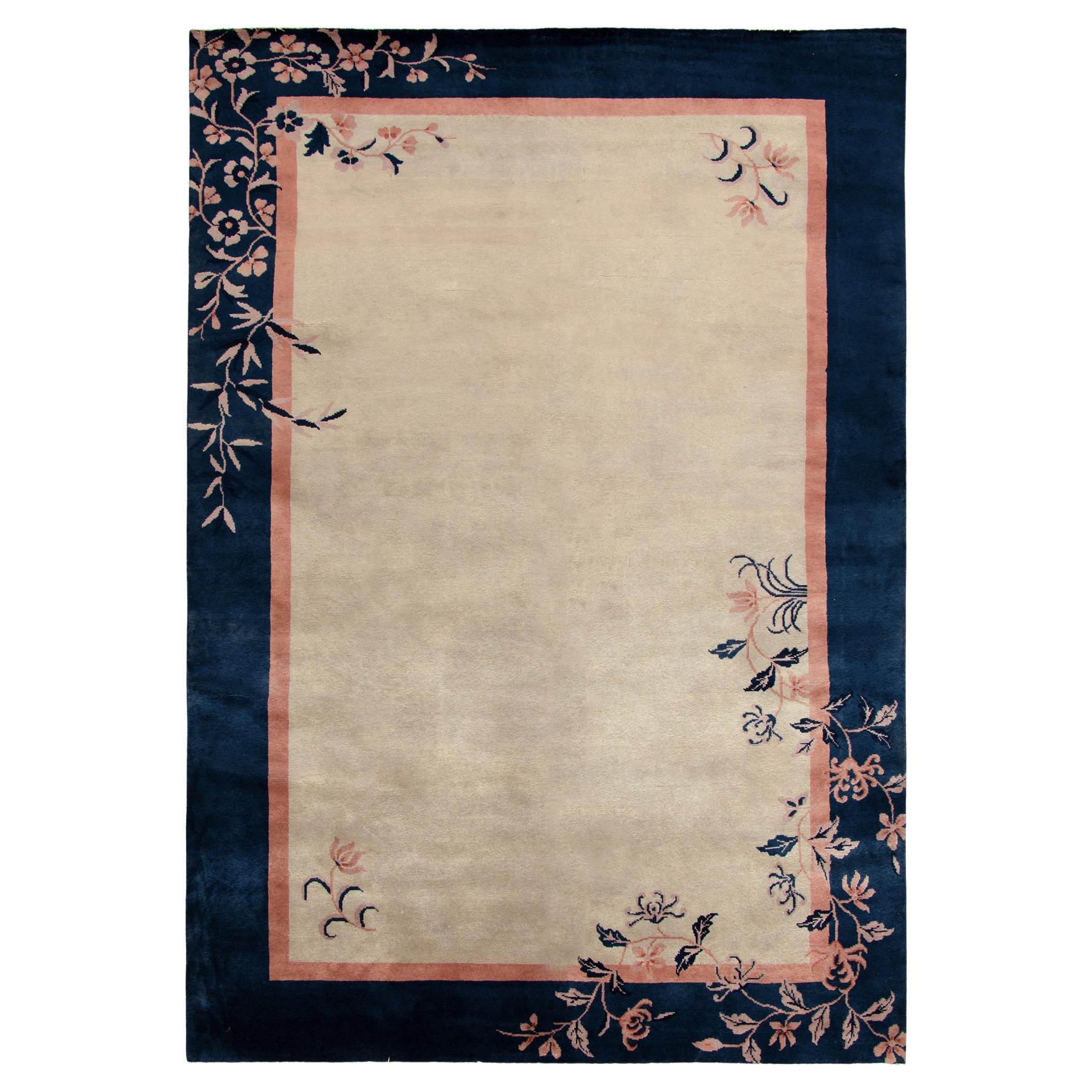 Vintage Chinese Deco Style Rug in Beige Blue Peach Floral Pattern by Rug & Kilim For Sale